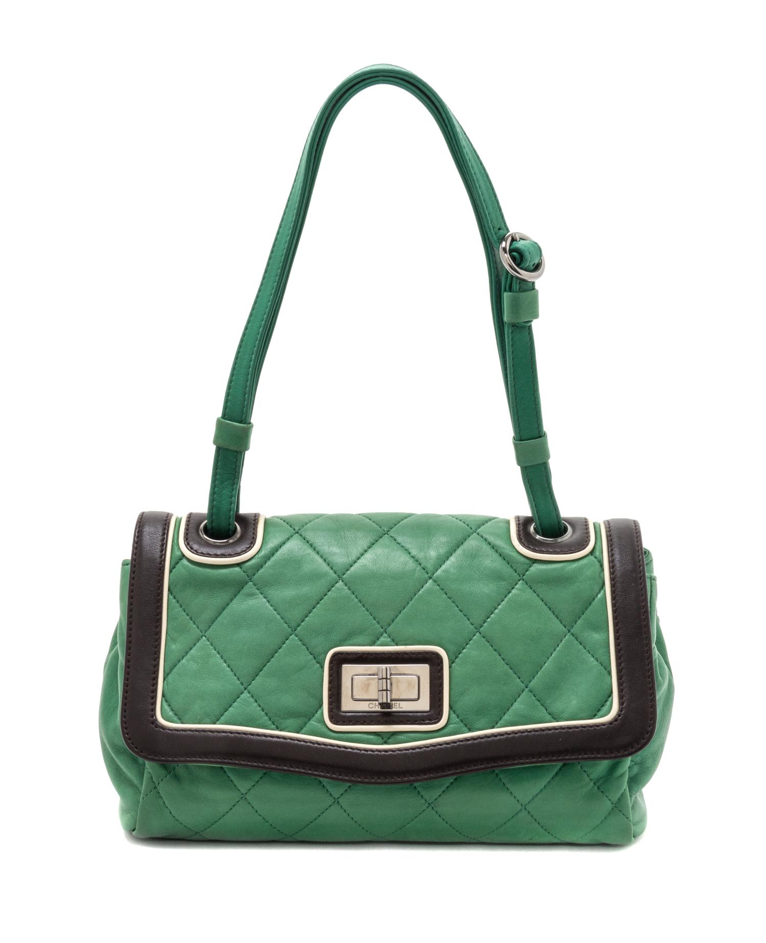 A Chanel Green Calfskin Leather Quilted Flap Handbag, 14" x 11.5" x 6".