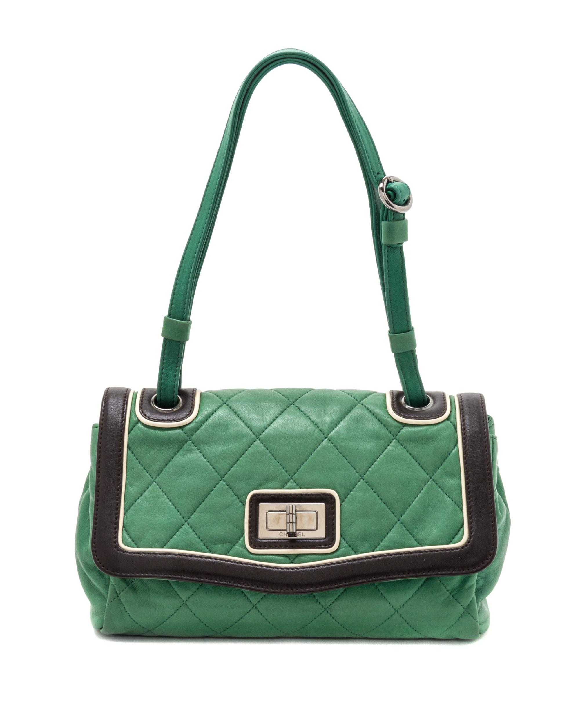 A Chanel Green Calfskin Leather Quilted Flap Handbag, 14" x 11.5" x 6".