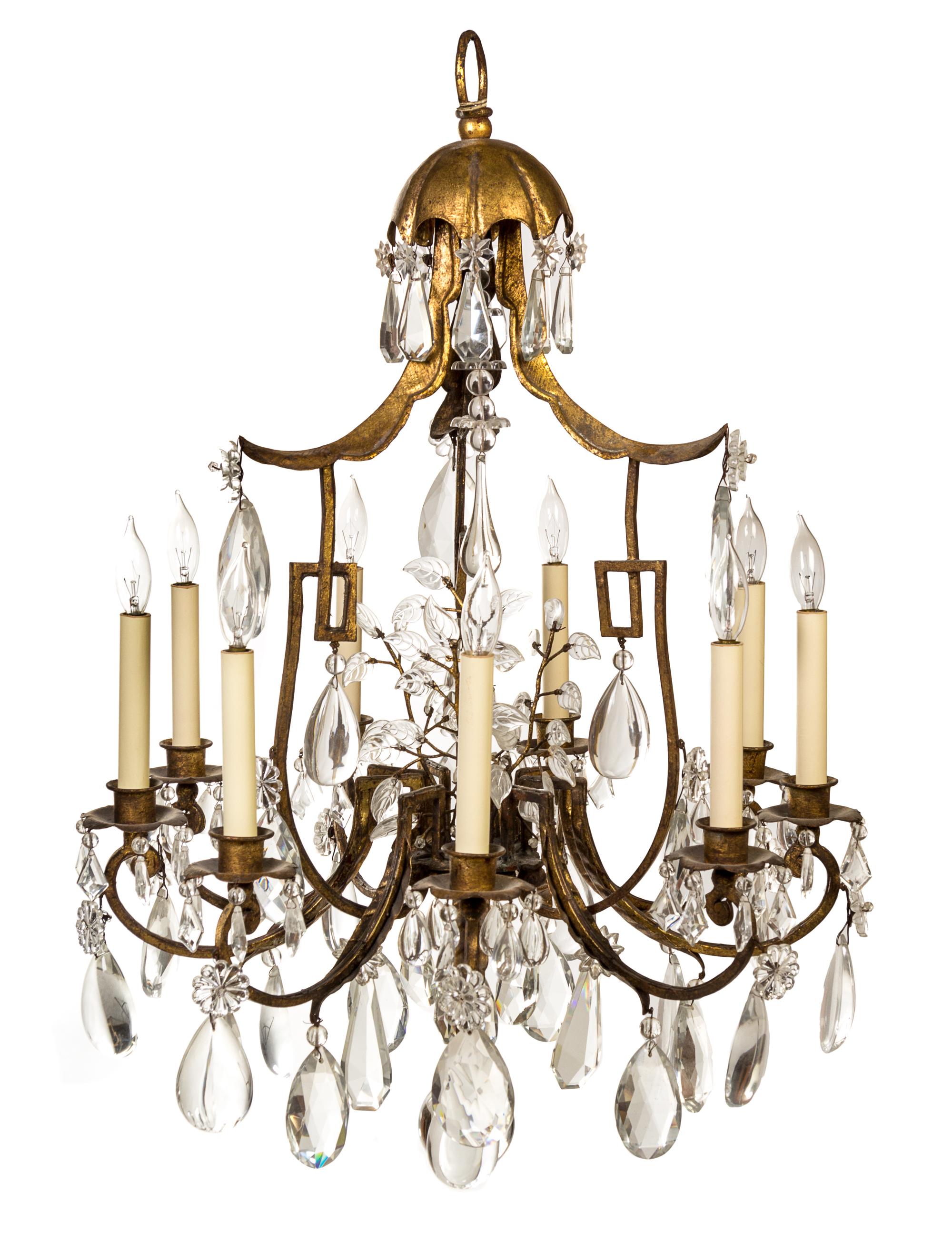 A French Tole Nine-Light Chandelier Height 42 inches.
