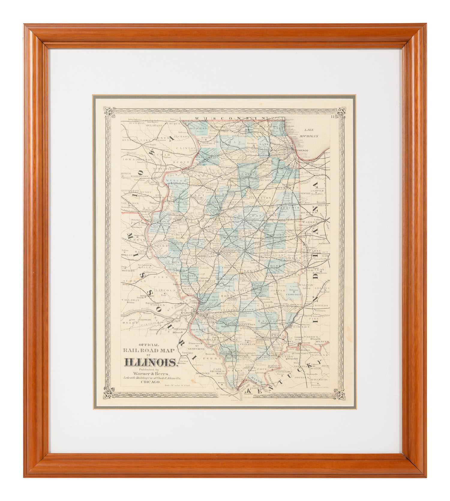 Official Road Map of Illinois. Chicago: Warner & Beers, N.d. Plate 11. 25 ¾ x 23 ¾ in. Matted and framed.