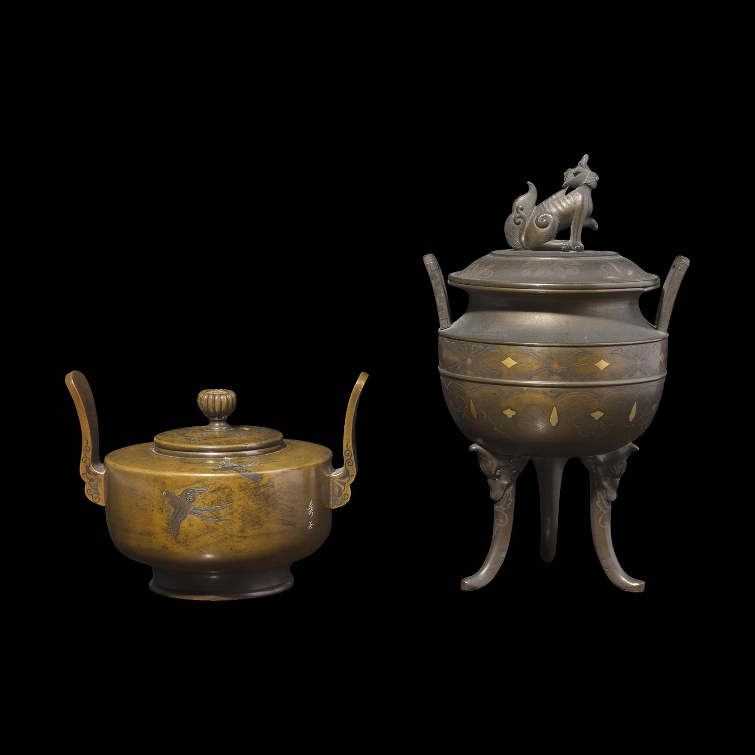 Two Japanese Patinated Bronze Small Koro, Meiji/Taisho Period