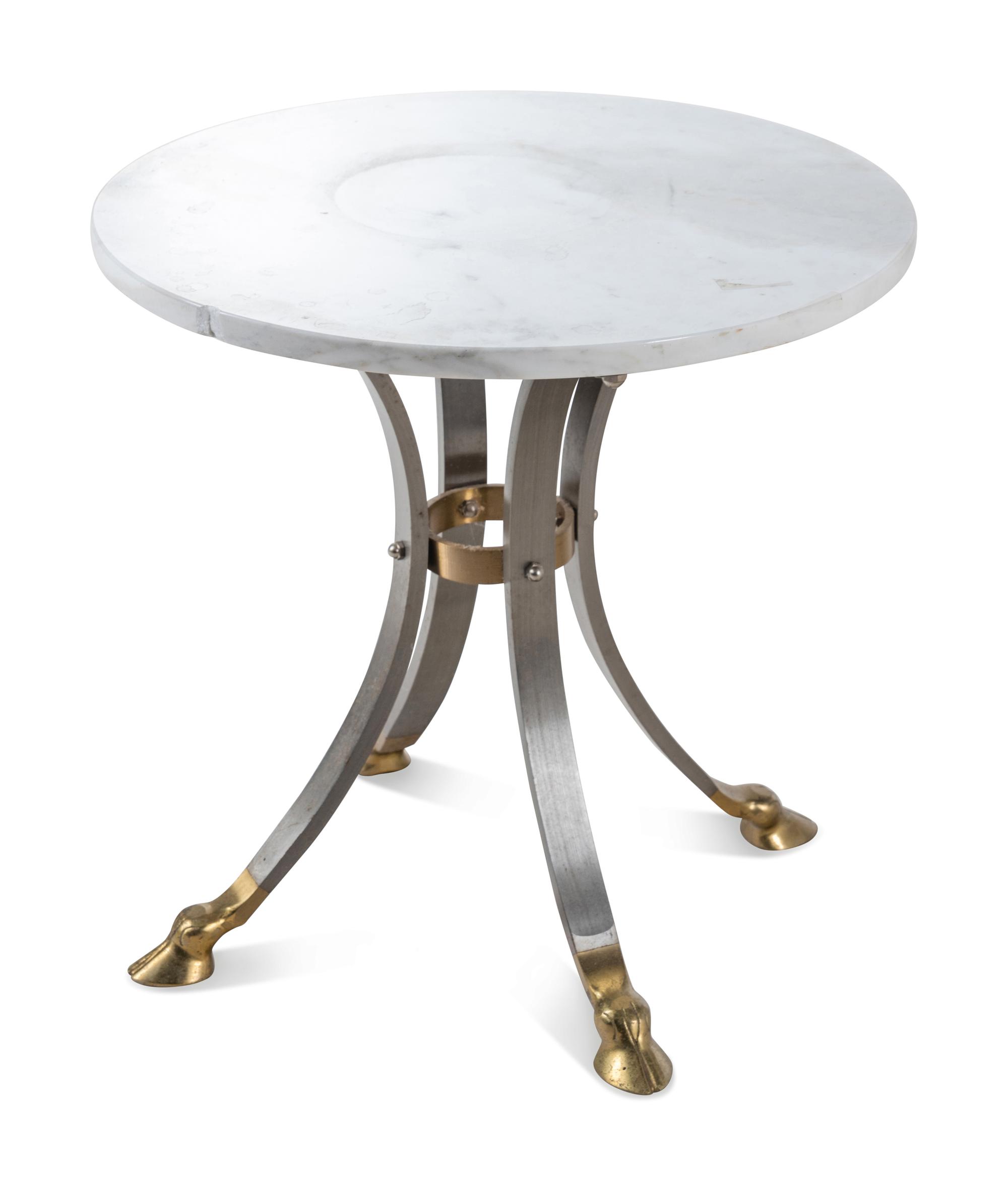 Three Steel and Brass Marble-Top Side Tables