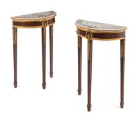 A Pair of Neoclassical Parcel-Gilt Mahogany Marble-Top Demilune Tables