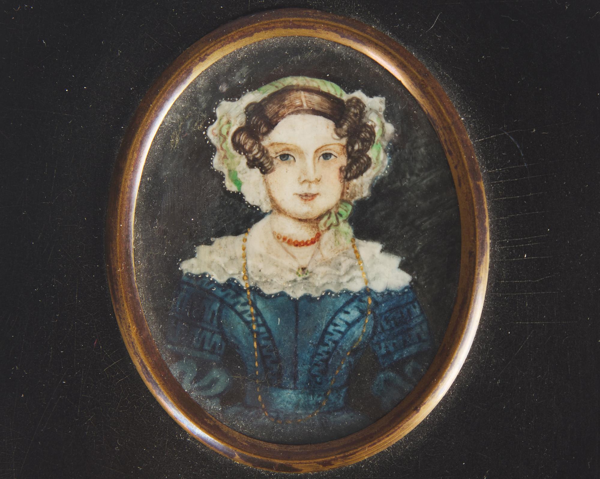 English School 19th Century, A Portrait Miniature of a Young Lady in Blue Dress