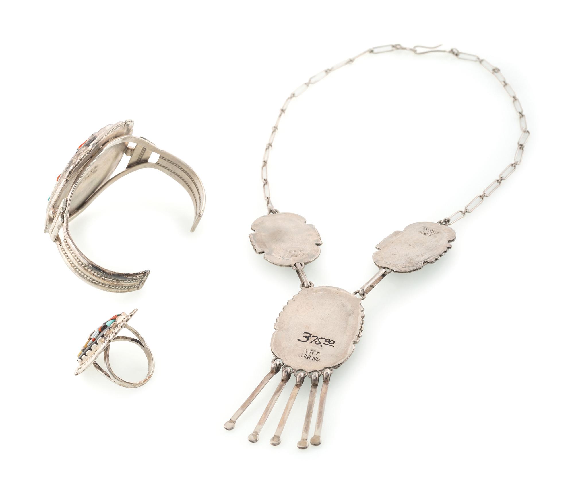 Silver and Mosaic Inlay Gan Dancer Necklace, Ring, AND Cuff Bracelet Set