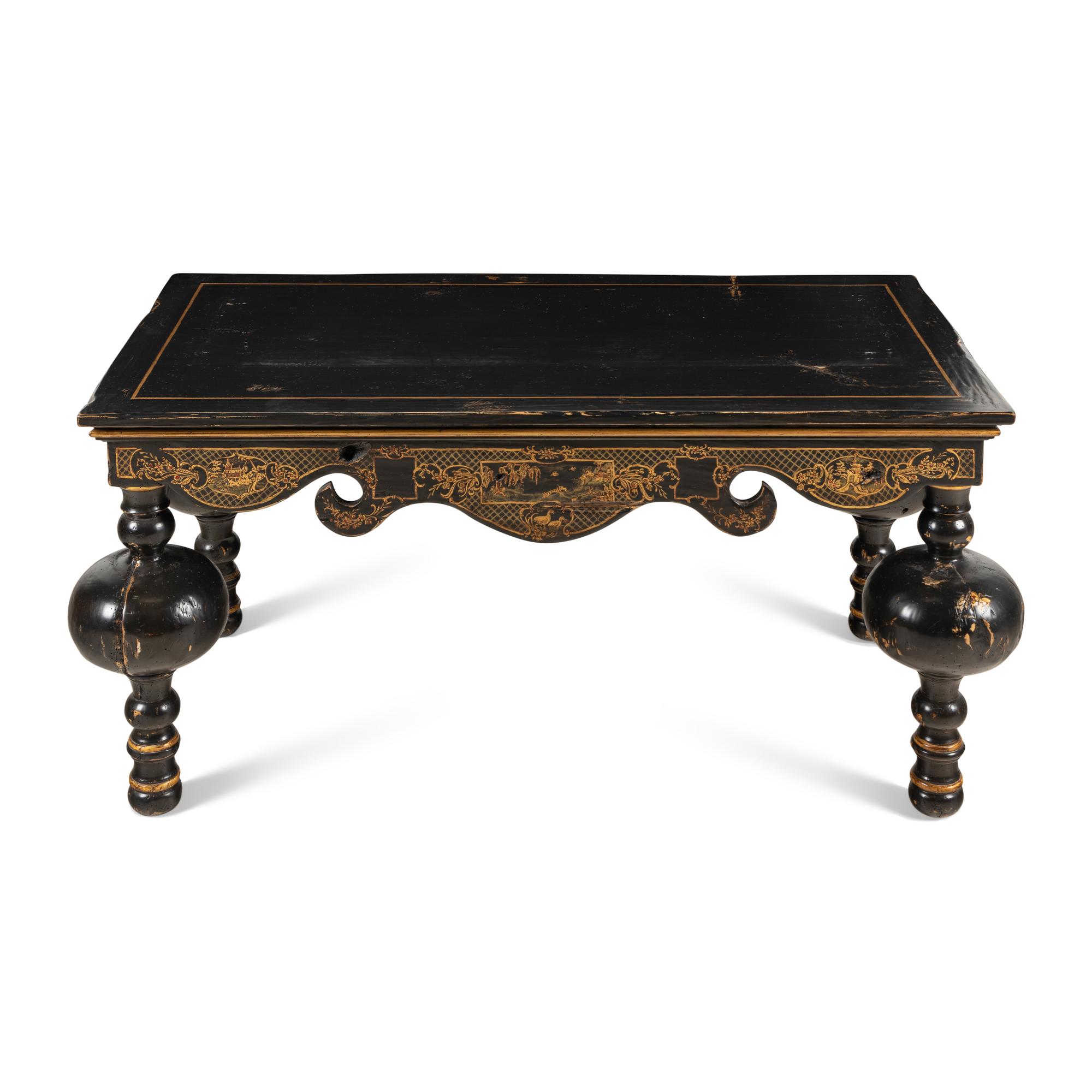 An Ebonized, Gilt and Polychrome Decorated Chinoiserie Table