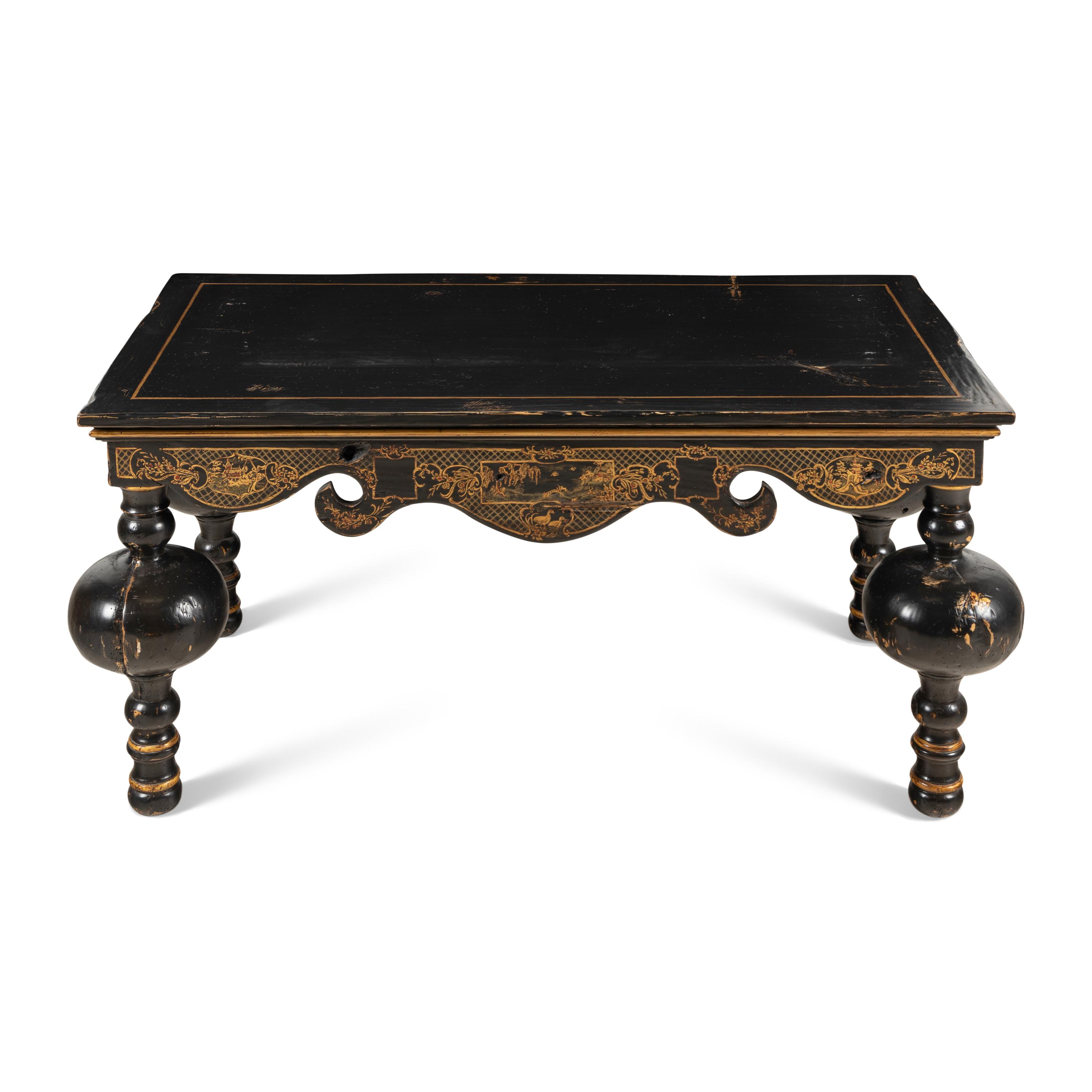 An Ebonized, Gilt and Polychrome Decorated Chinoiserie Table