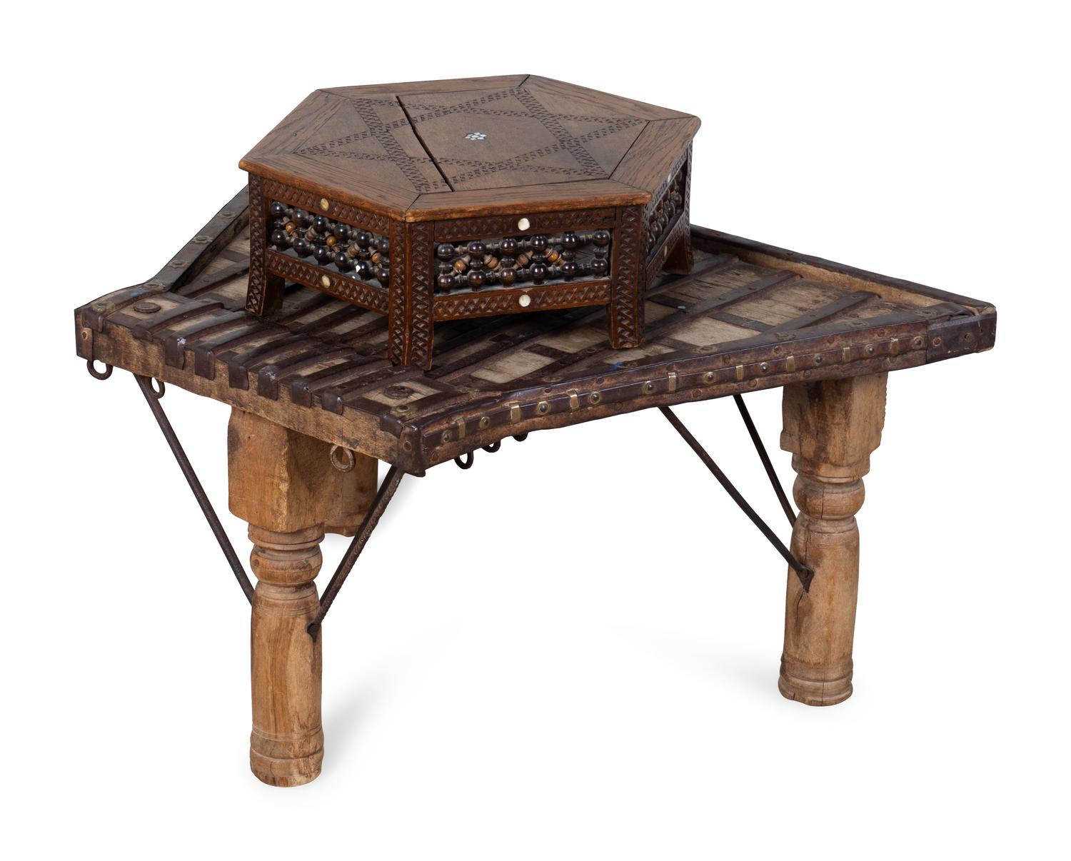An Indian Metal Bound Tripod Table and a Carved and Inlaid Hexagonal Stand — 20TH CENTURY