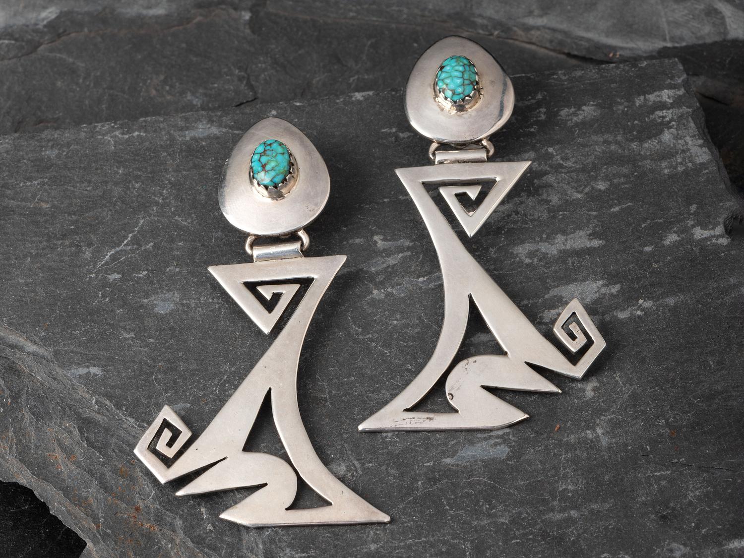 Award Winning Large Silver and Turquoise Abstract Coyote Clip Earrings