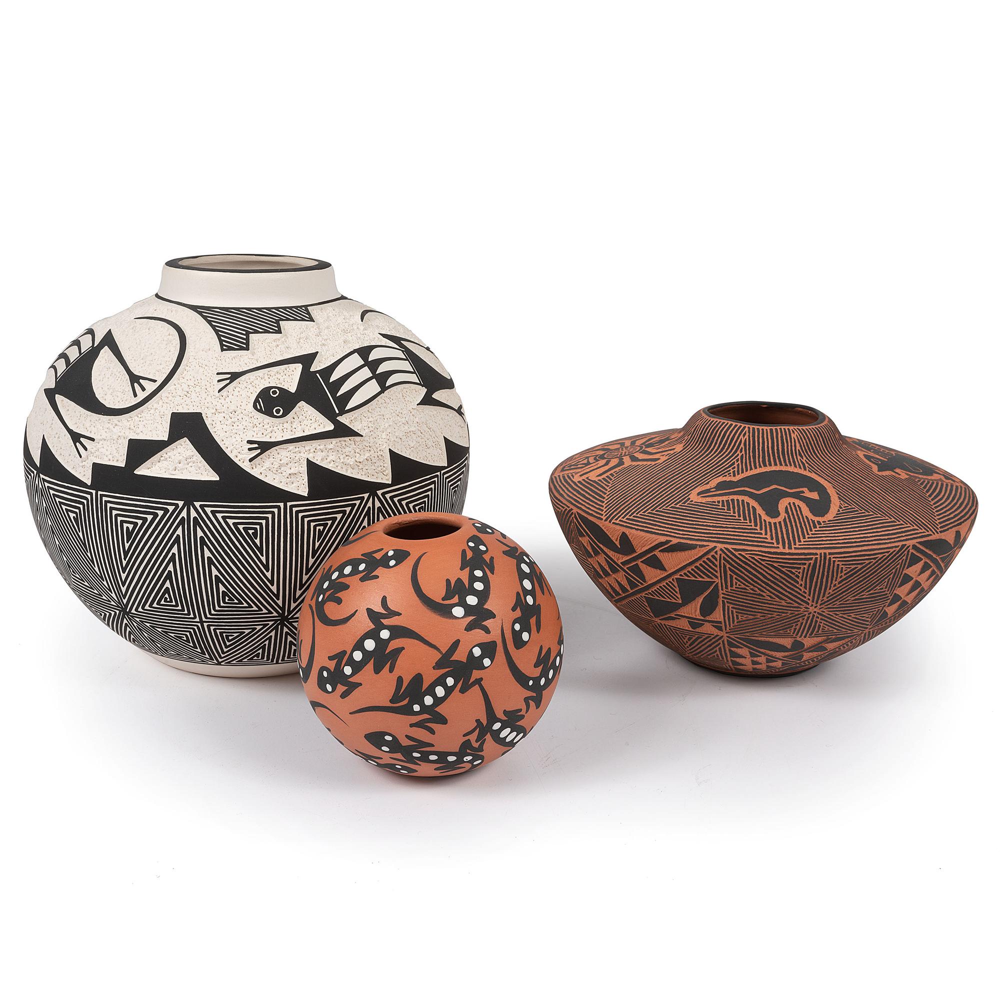 Acoma Pottery Jars, with Reptiles and Animals