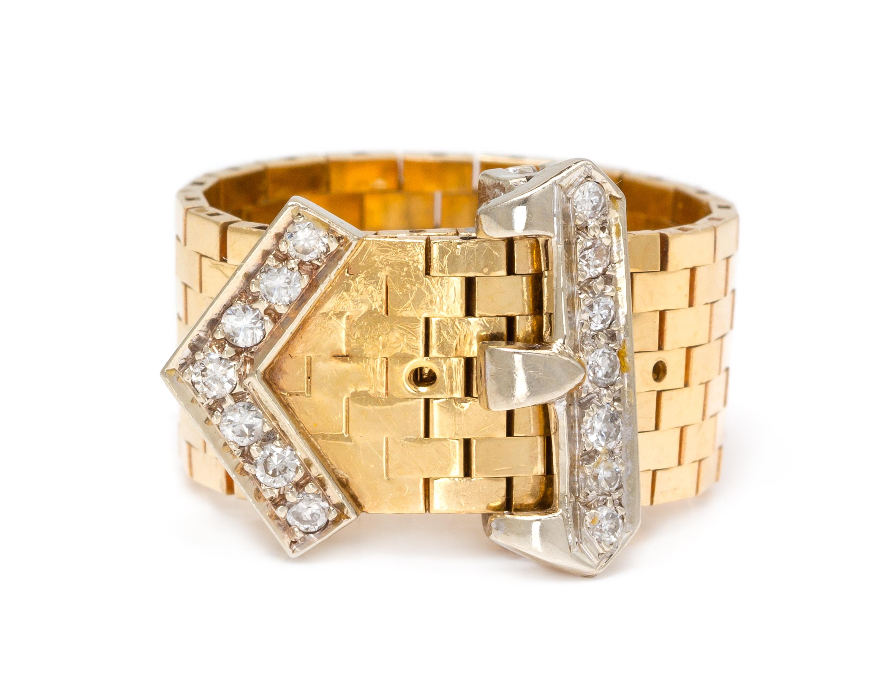 A Bicolor Gold and Diamond Articulated Belt Ring, 6.90 dwts.