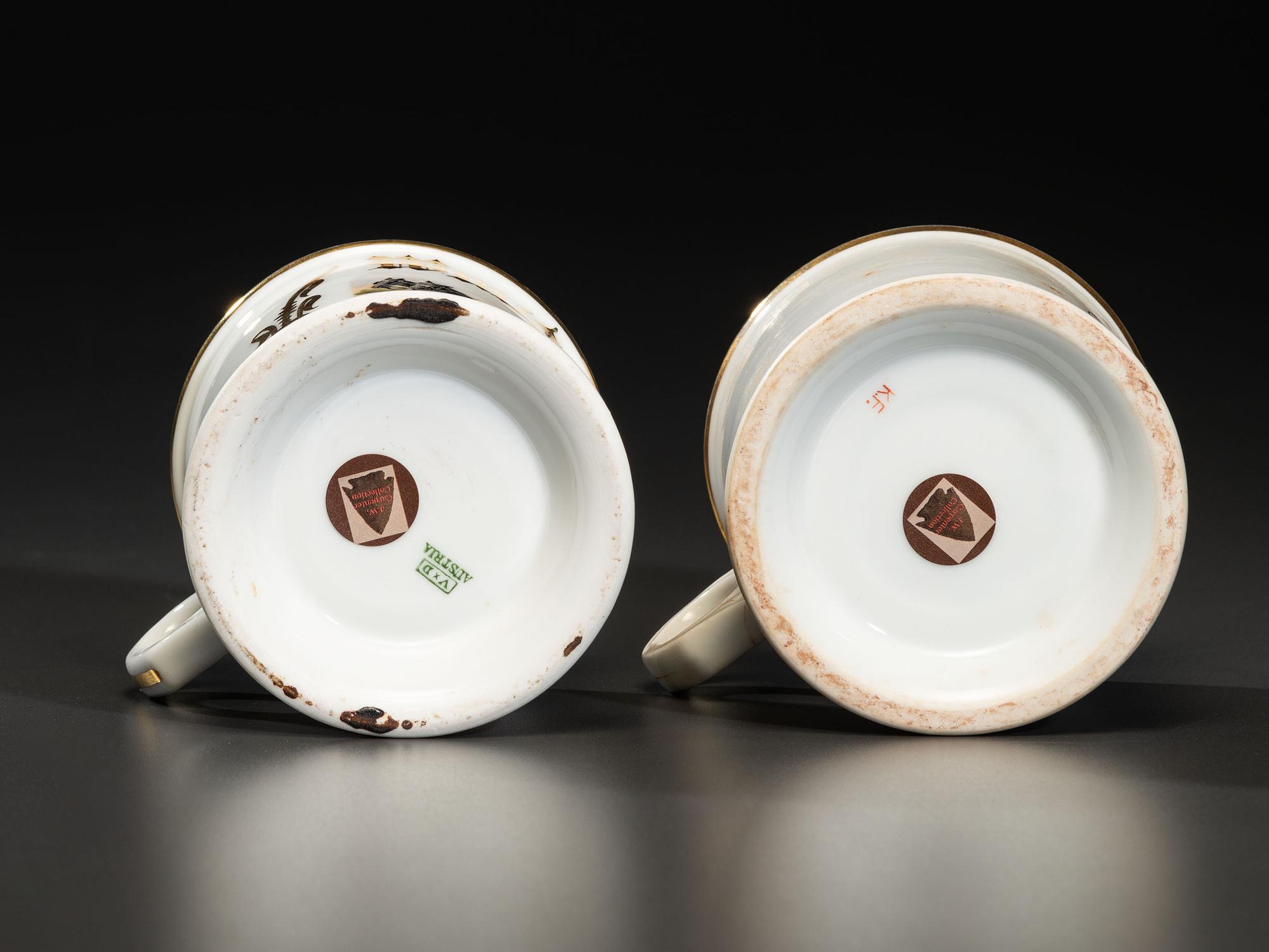 Two Porcelain Shaving Mugs Featuring Horse-Drawn Hearses