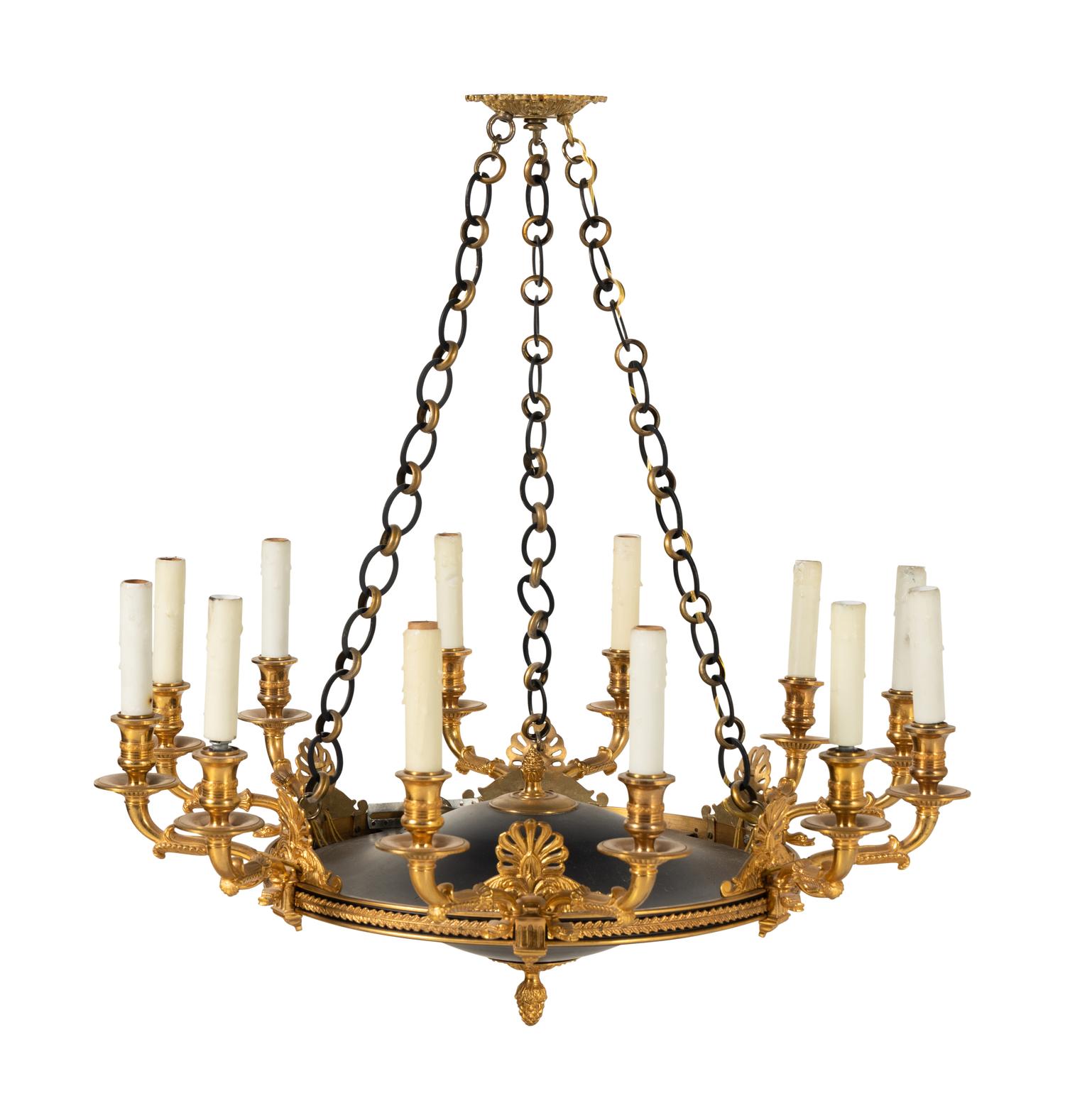 An Empire Style Gilt Bronze and Tole Ten-Light Chandelier
