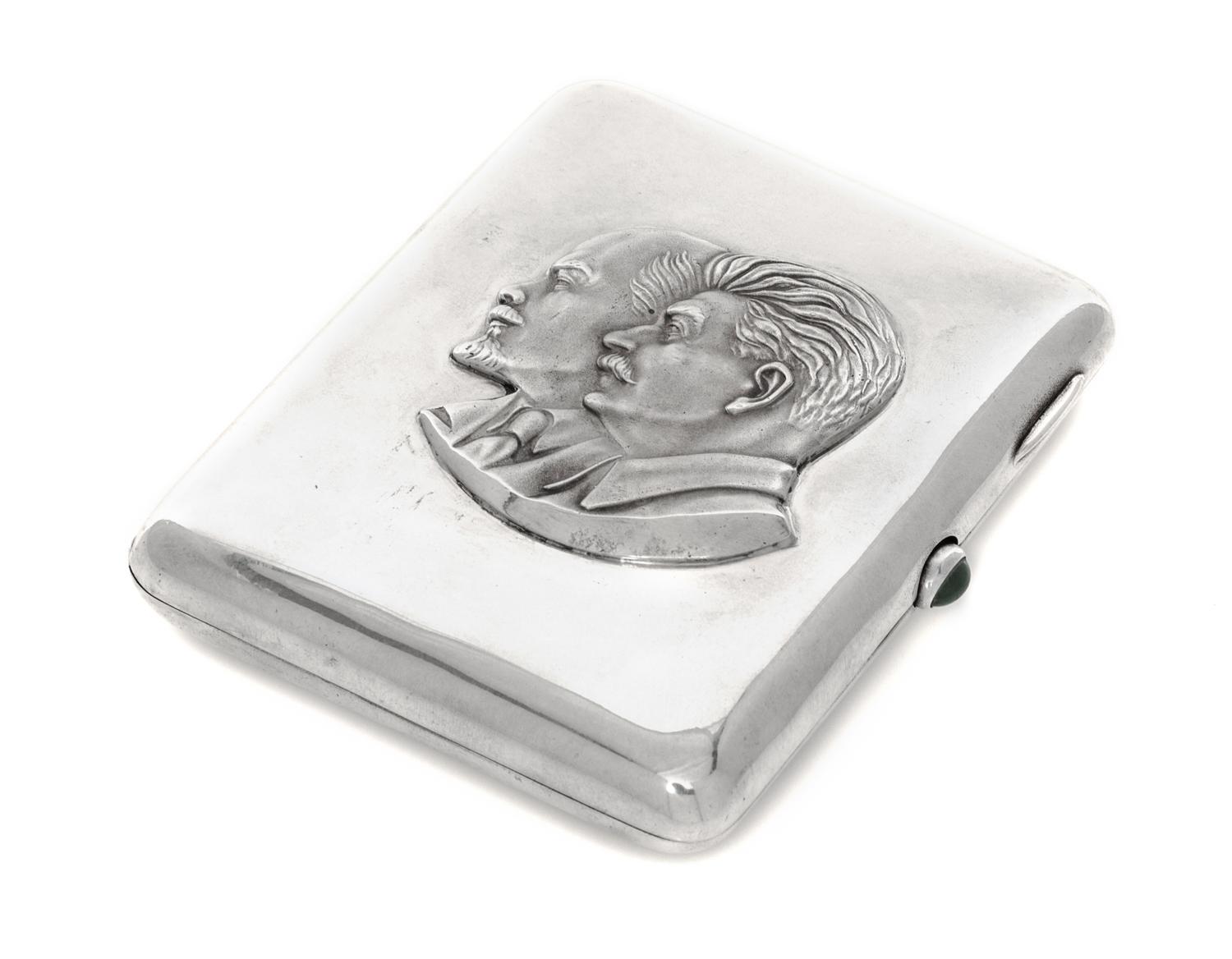 A Russian Silver Cigarette Case, Soviet maker's mark, Kiev, 20th Century, the lid worked to show the profiles of Lenin and Stalin and h