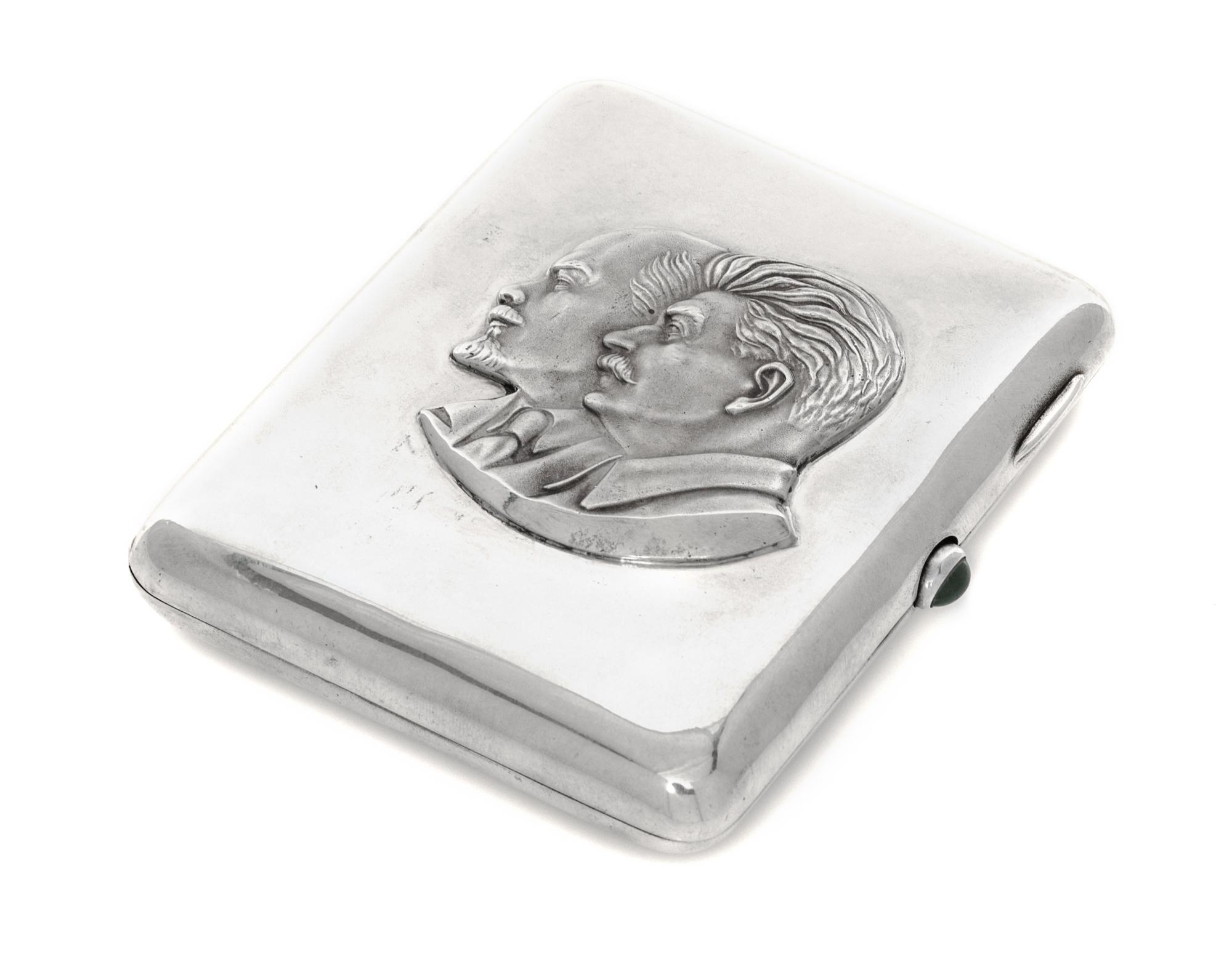 A Russian Silver Cigarette Case, Soviet maker's mark, Kiev, 20th Century, the lid worked to show the profiles of Lenin and Stalin and h