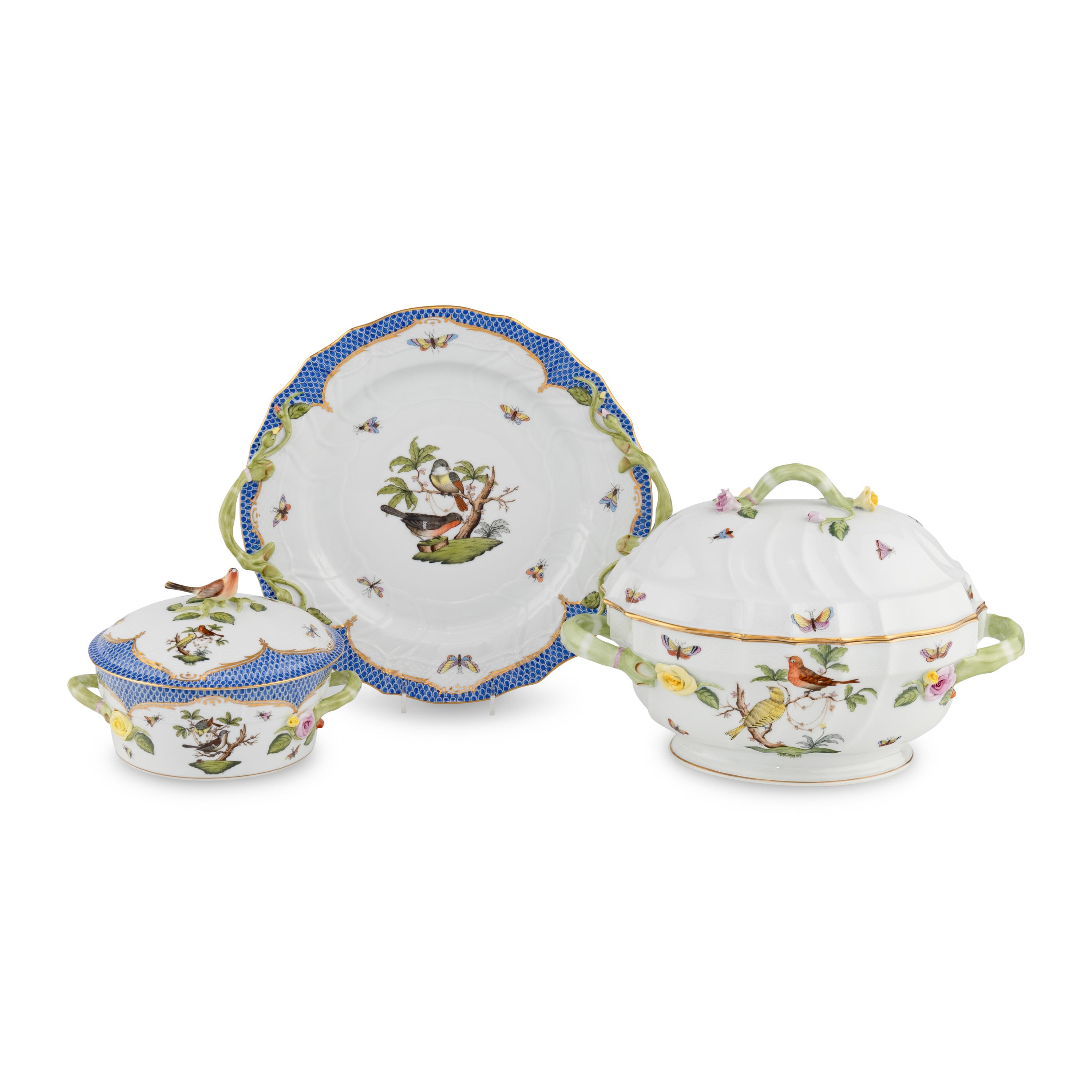 Three Herend Rothschild Bird Porcelain Serving Articles