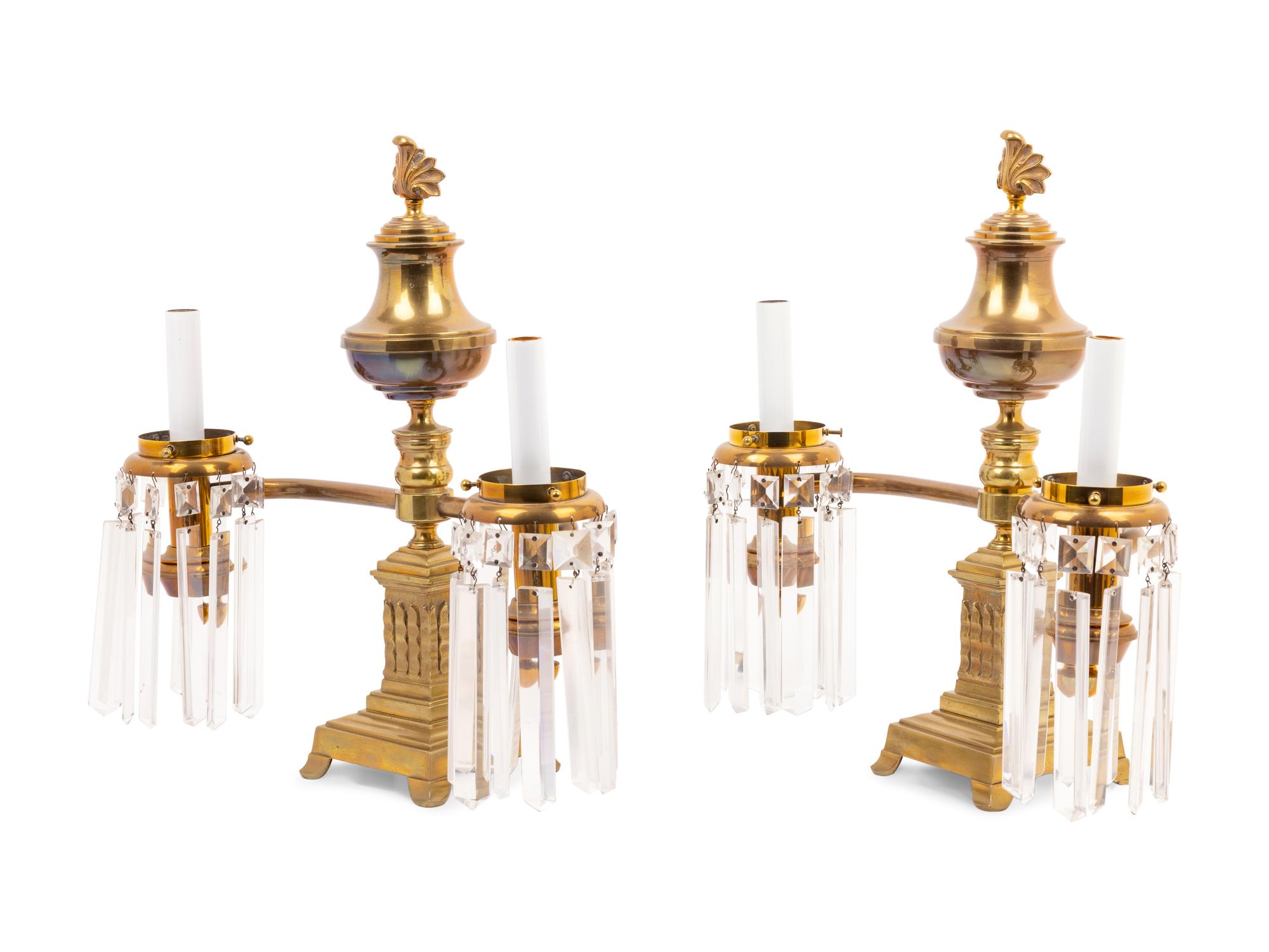 A Pair of Brass and Glass Two-Light Argand Lamps