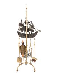 A Brass Nautical Fireplace Tool Set on Stand