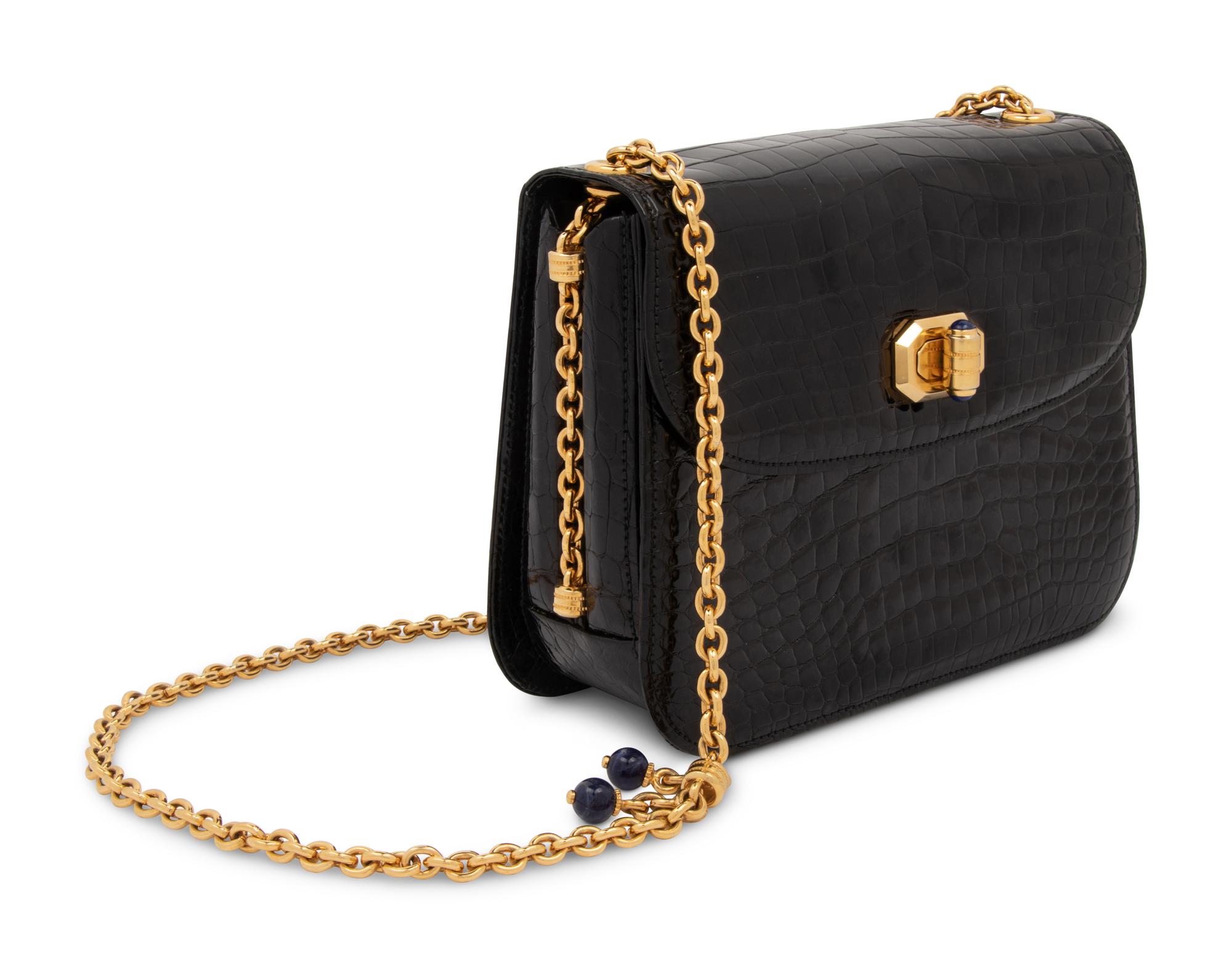 Gucci Black Crocodile Flap Bag with Gold-tone Chain, 1970-80s