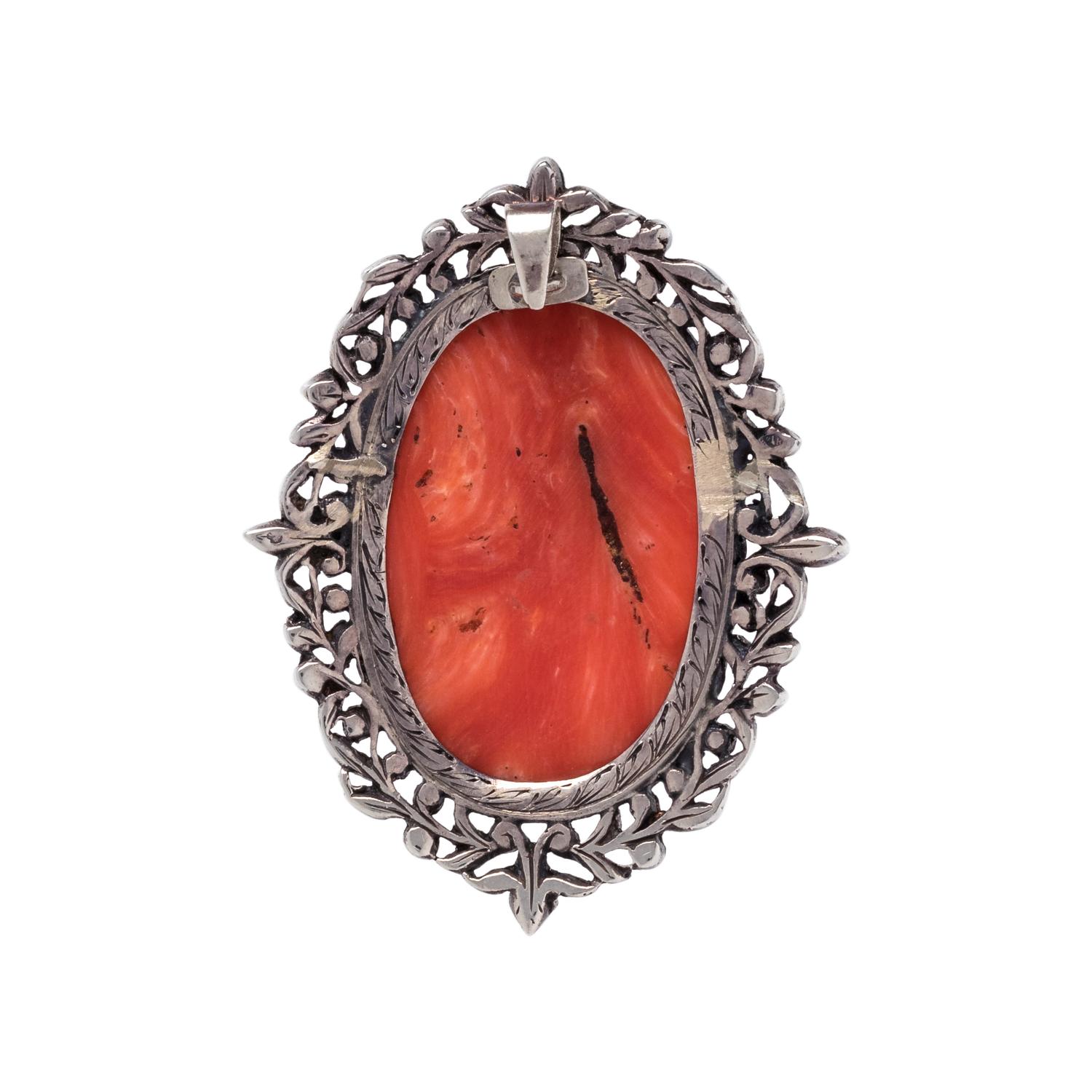 CORAL CAMEO AND MARCASITE PENDANT