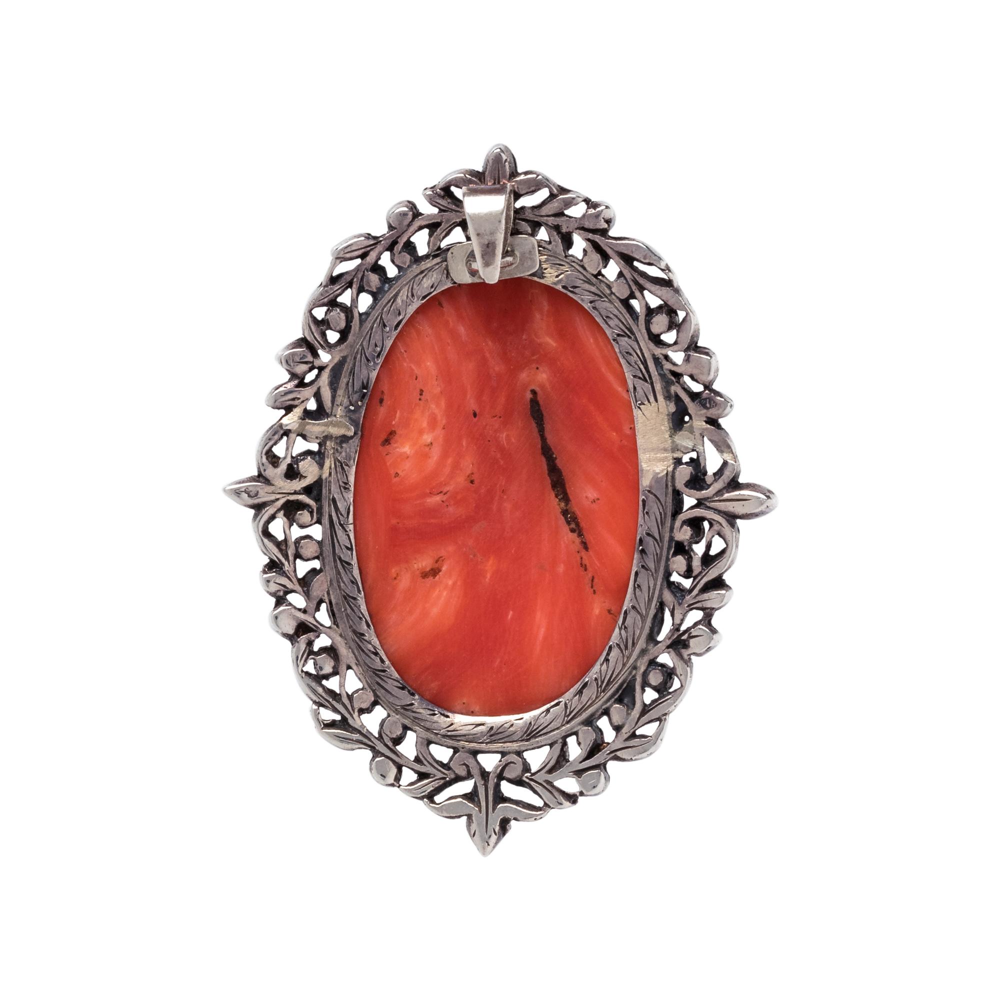 CORAL CAMEO AND MARCASITE PENDANT