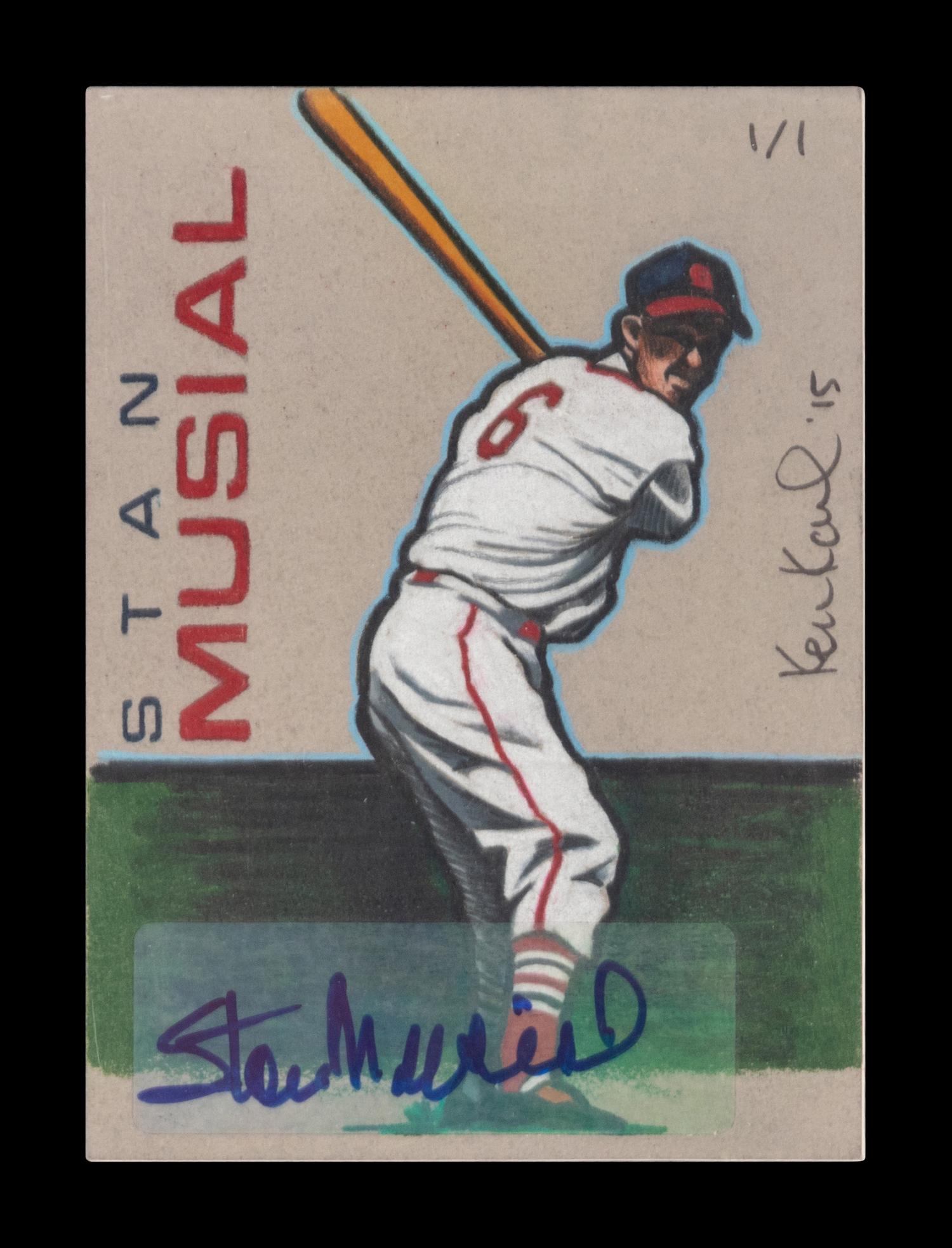 A Group of Four Ken Karl Original Hand Drawn Stan Musial Sketch Baseball Cards with Musial Signed Autograph Stickers