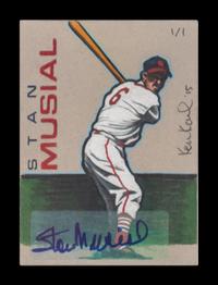 A Group of Four Ken Karl Original Hand Drawn Stan Musial Sketch Baseball Cards with Musial Signed Autograph Stickers