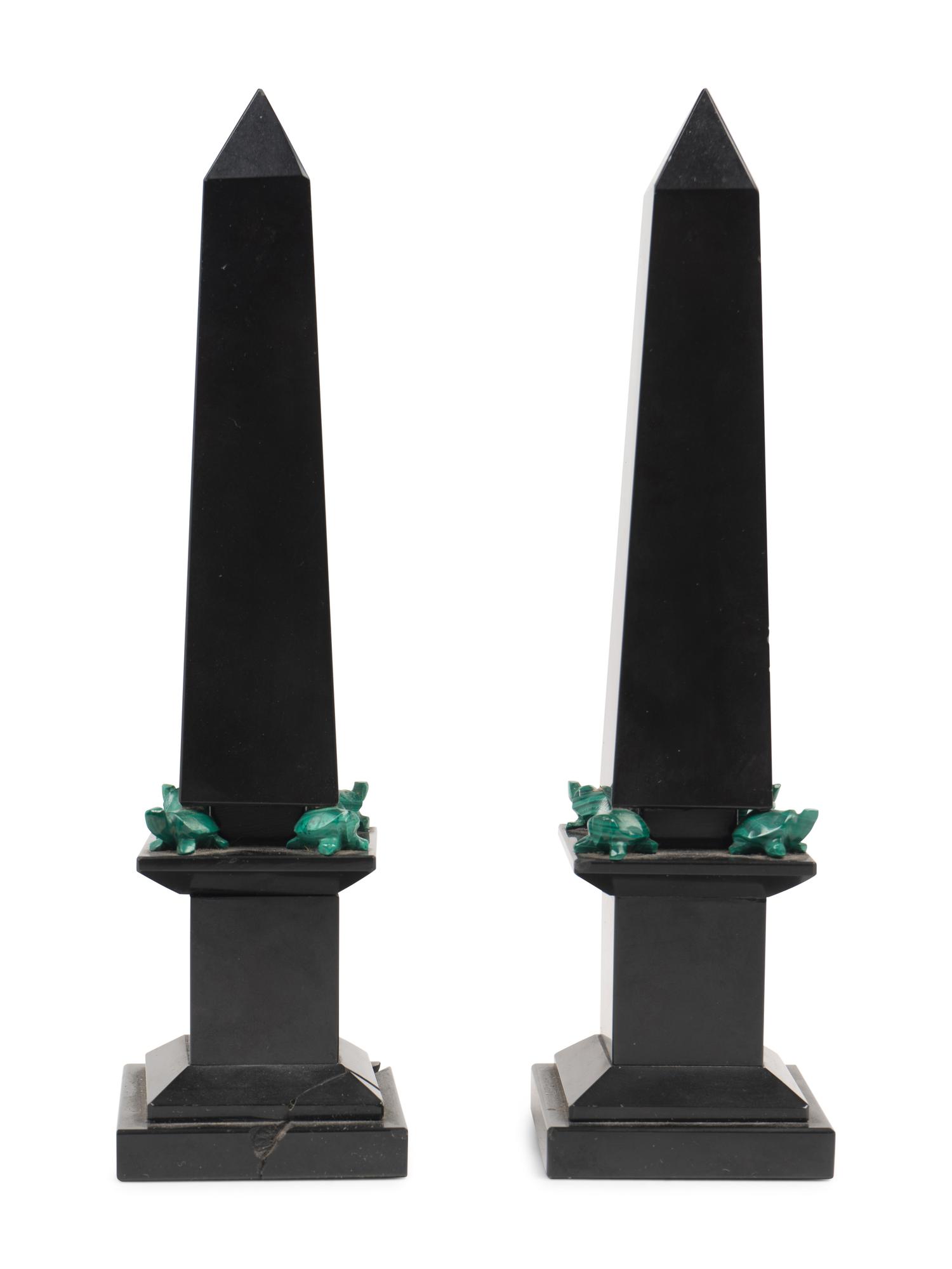 A Pair of Grand Tour Style Malachite and Black Stone Obelisks