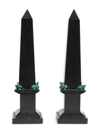 A Pair of Grand Tour Style Malachite and Black Stone Obelisks