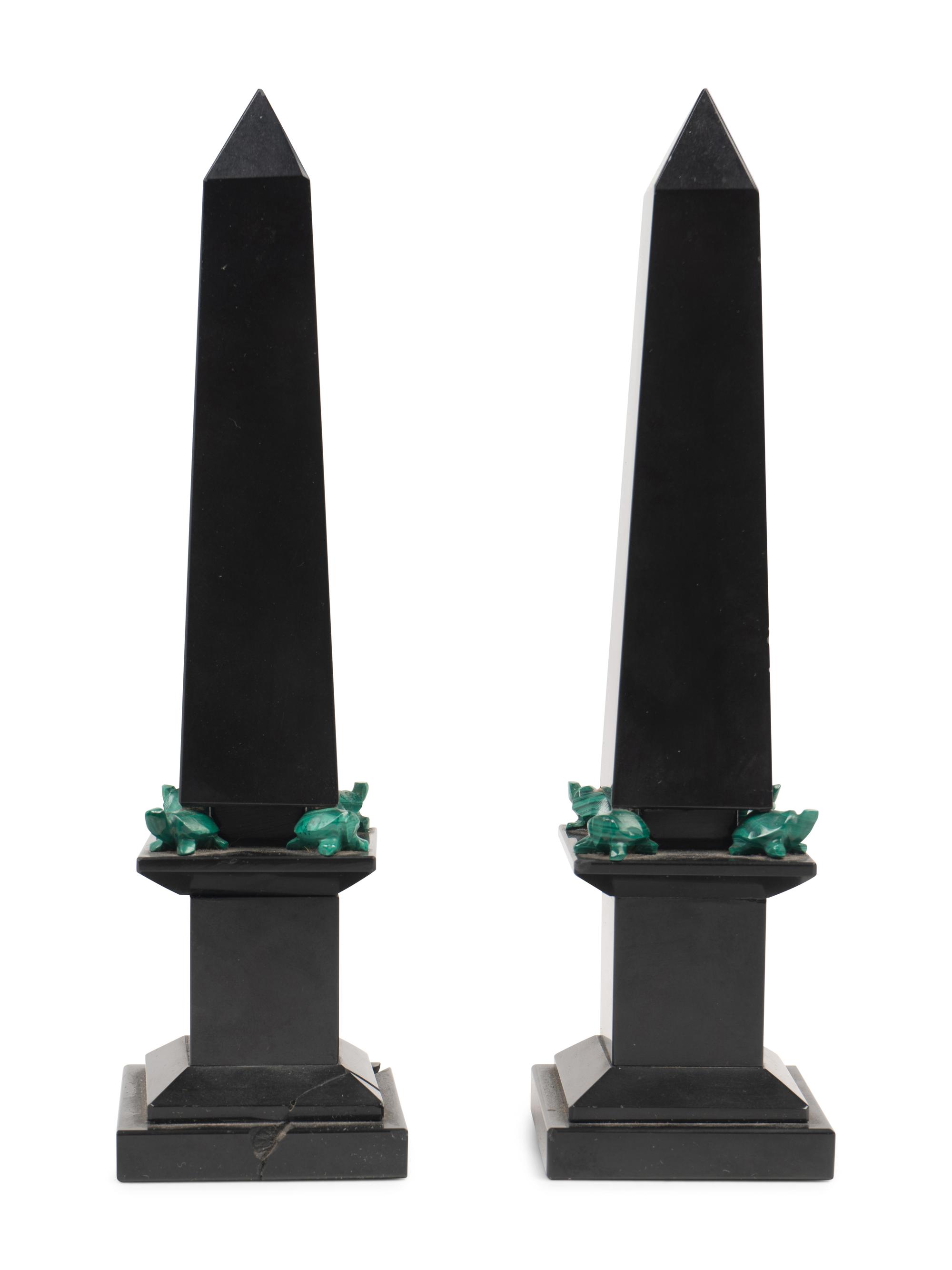 A Pair of Grand Tour Style Malachite and Black Stone Obelisks