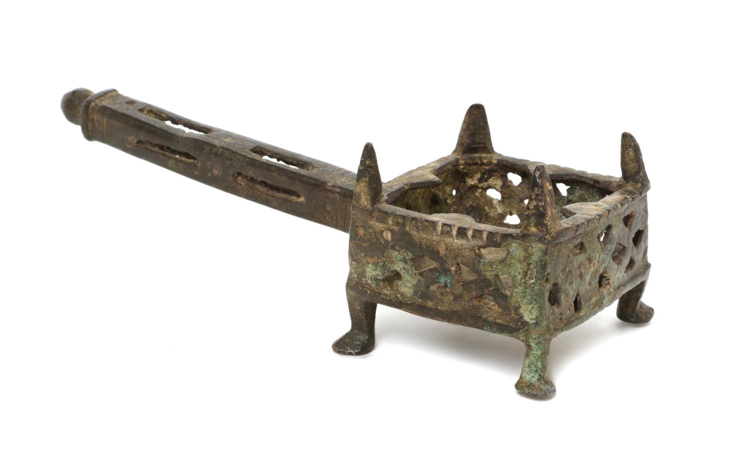 A Central Asian Bronze Incense Burner, Length 7 1/2 inches.