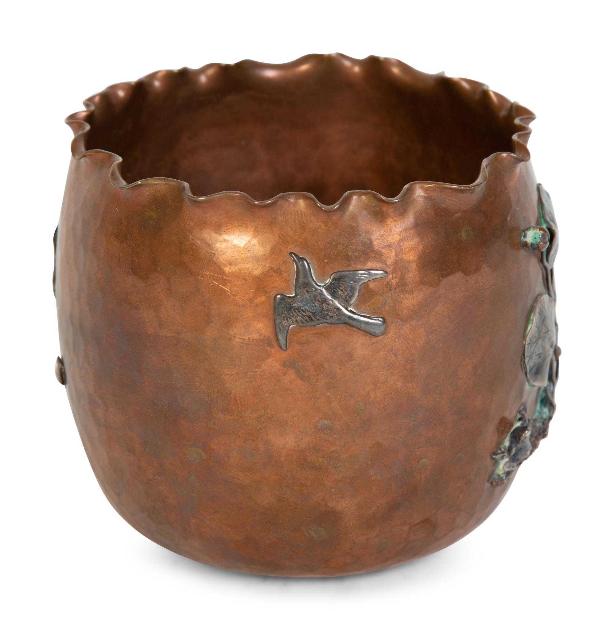 An Aesthetic Movement Hammered Copper and Silver Mounted Bowl — Gorham Mfg., Providence, RI