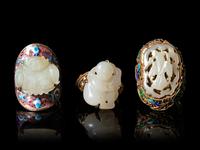 Three Chinese Jade Inset Enameled Silver Rings