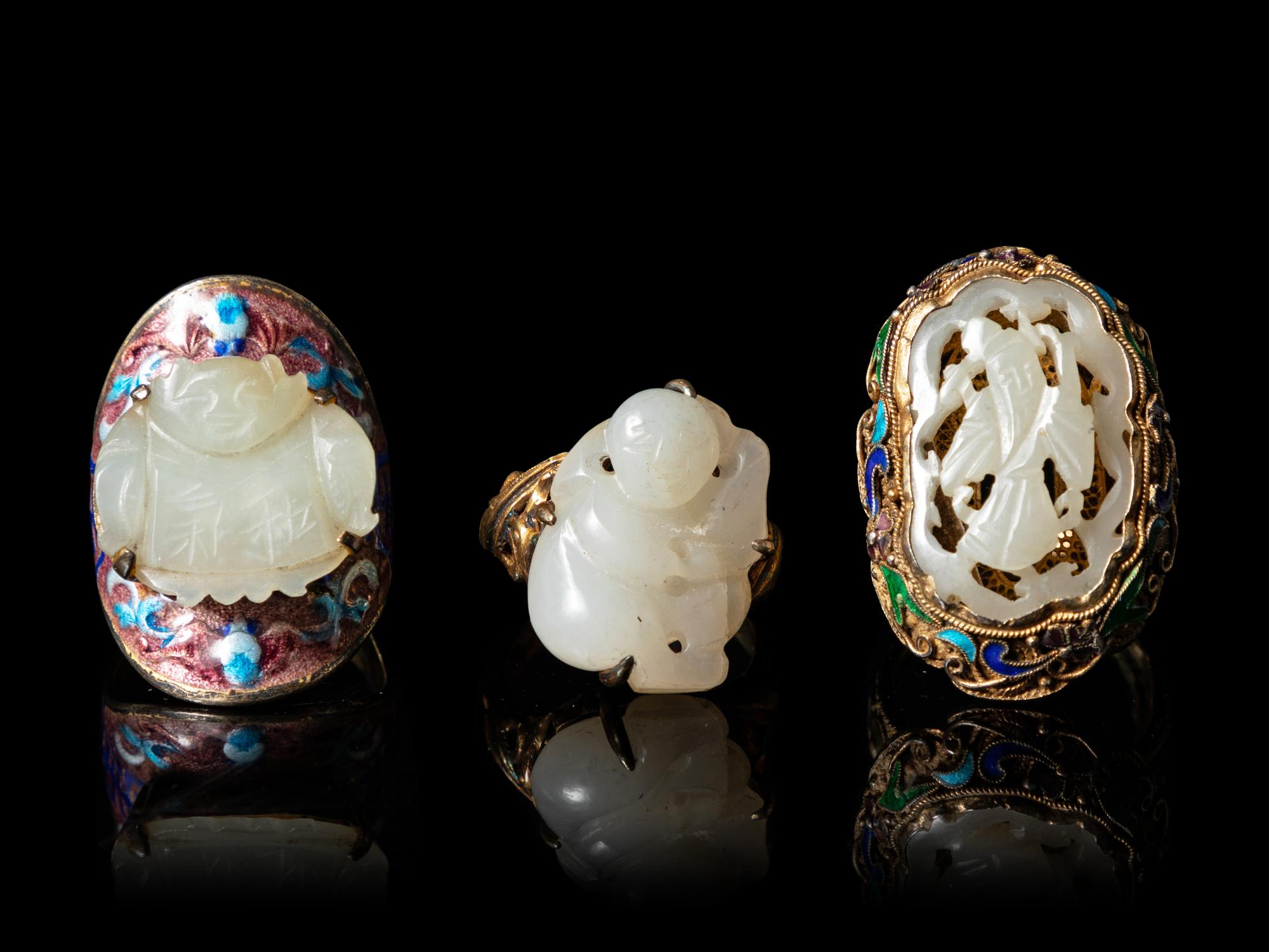 Three Chinese Jade Inset Enameled Silver Rings