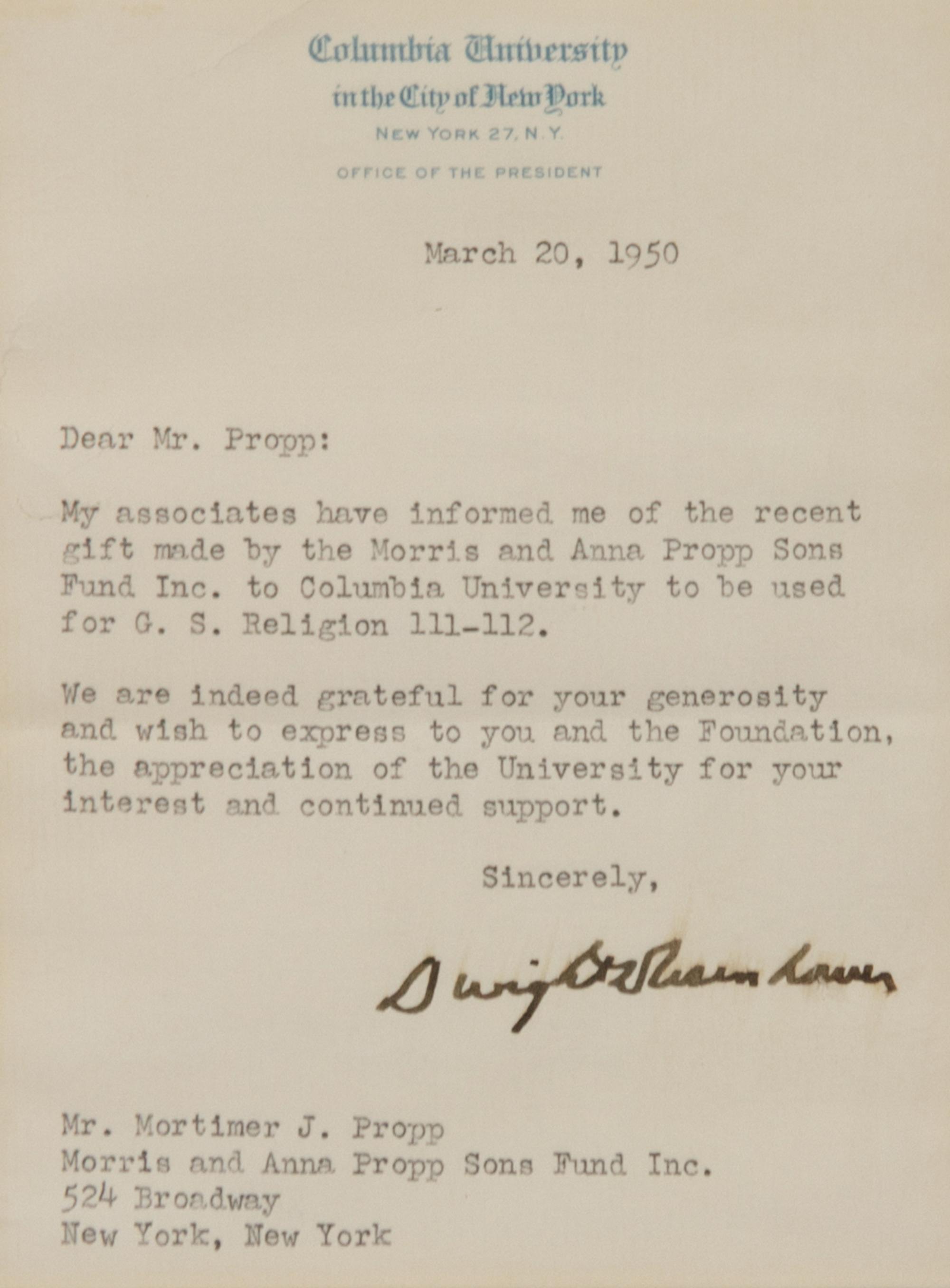 EISENHOWER, Dwight D., President (1890-1969). Typed letter signed ("Dwight D. Eisenhower"), to Mr. Propp. New York, 20 March 1950.