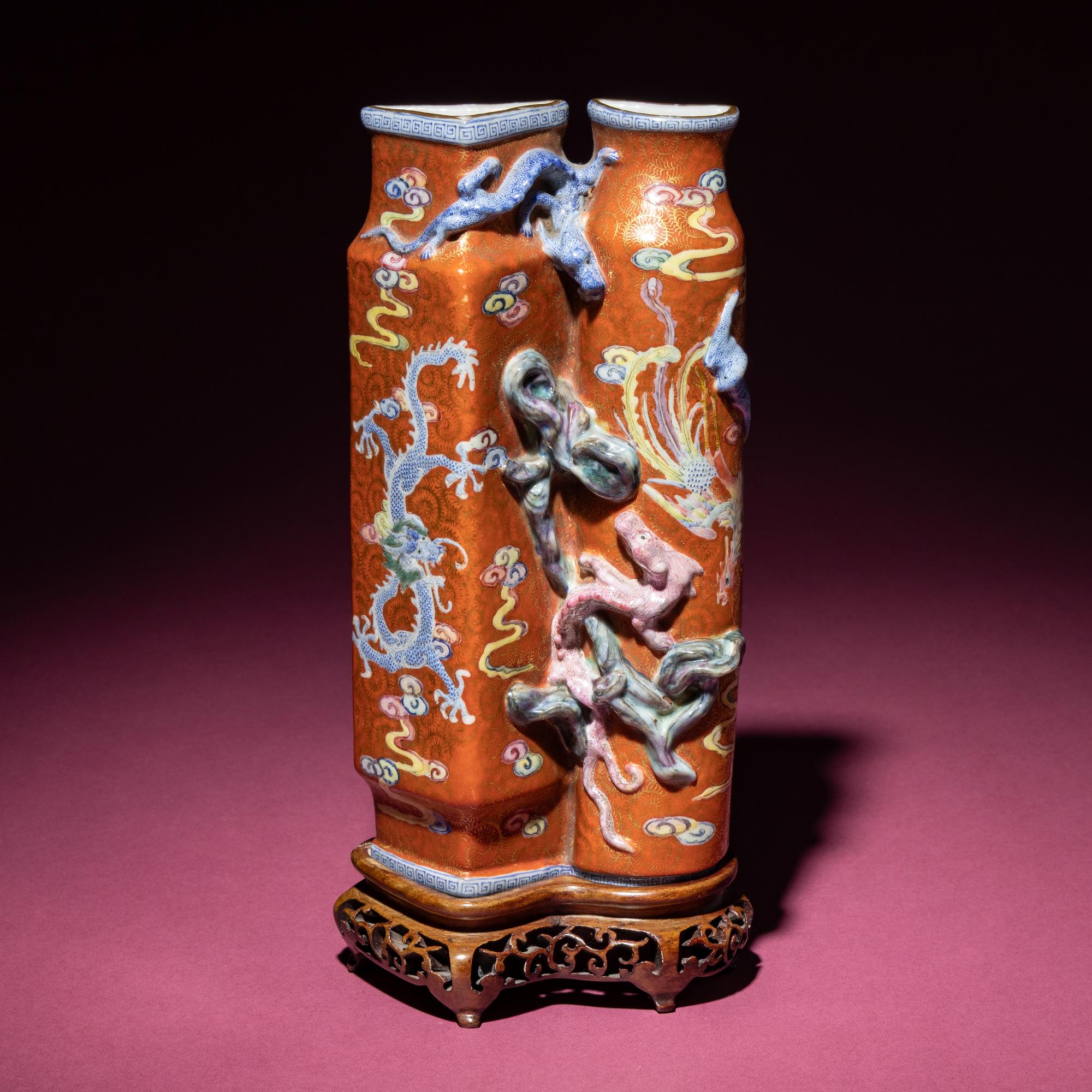 A Chinese Famille Rose 'Dragon and Phoenix' Gilt on Coral Ground Double Wall Vase, Biping , 19th Century — 清晚期 珊瑚紅地粉彩凸塑龍紋雙聯瓶