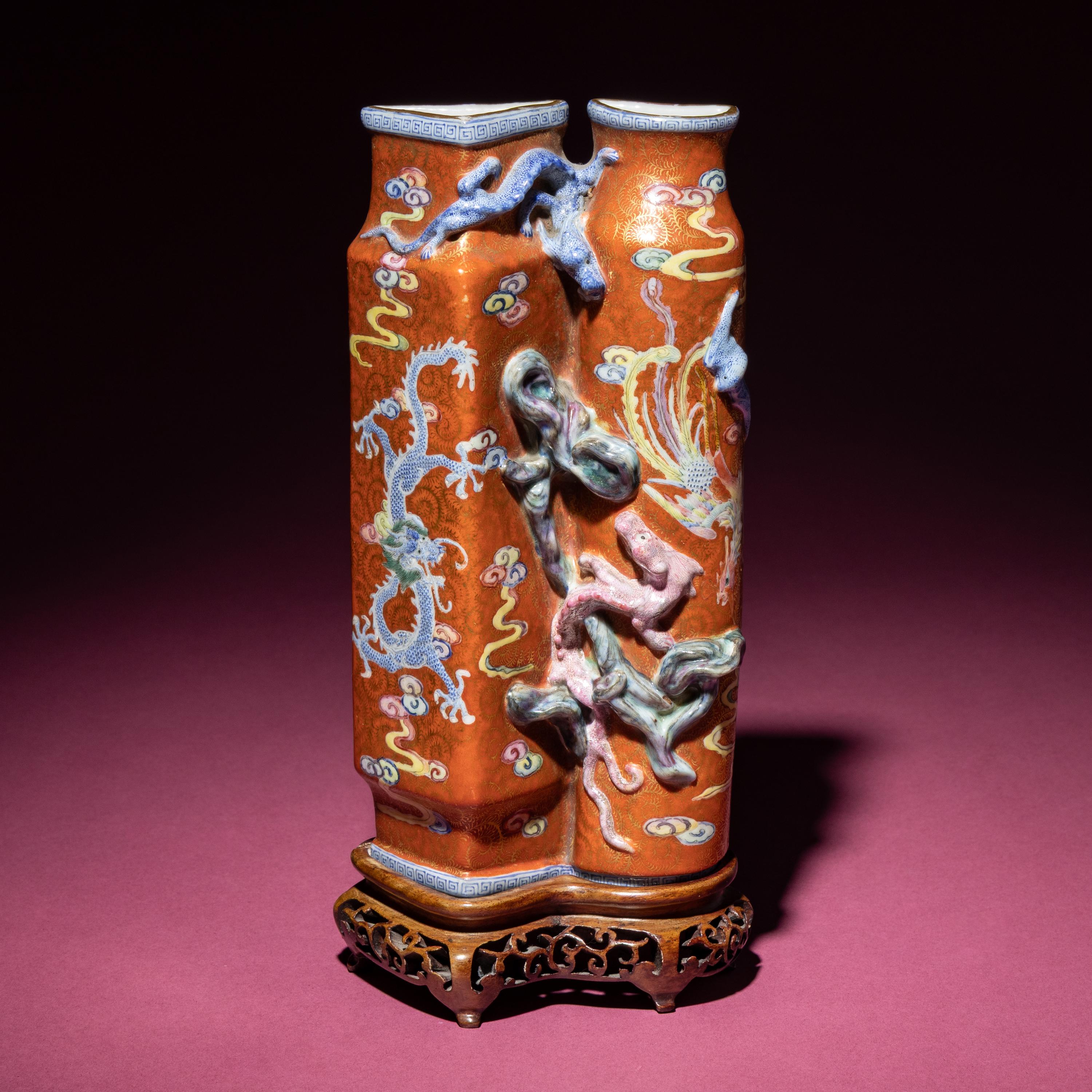 A Chinese Famille Rose 'Dragon and Phoenix' Gilt on Coral Ground Double Wall Vase, Biping , 19th Century — 清晚期 珊瑚紅地粉彩凸塑龍紋雙聯瓶