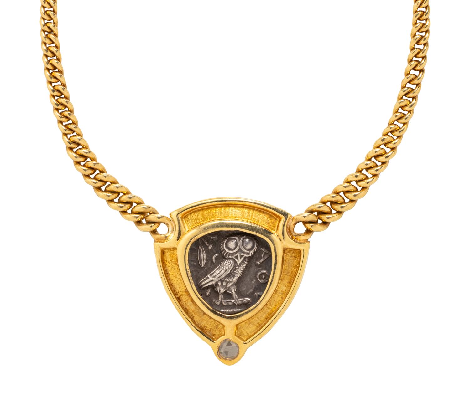 YELLOW GOLD, GREEK COIN AND DIAMOND NECKLACE