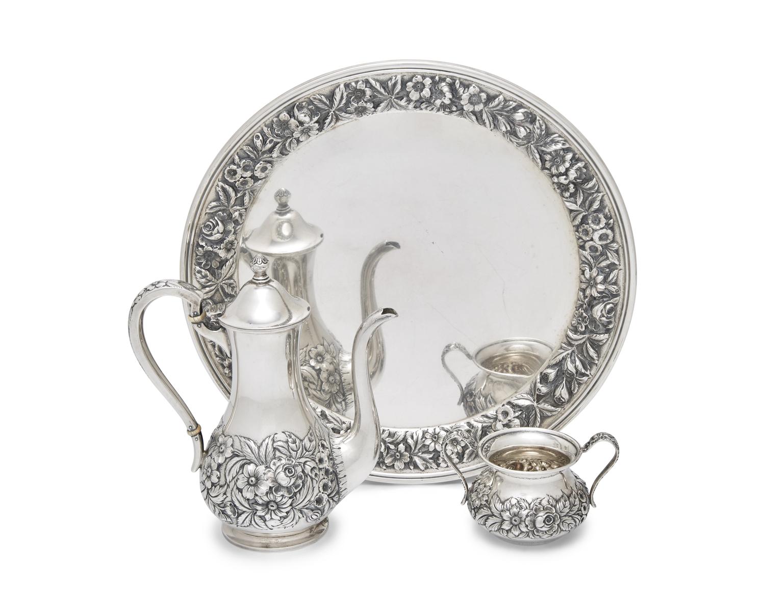 A Group of Three Sterling Silver Floral Repousse Tablewares