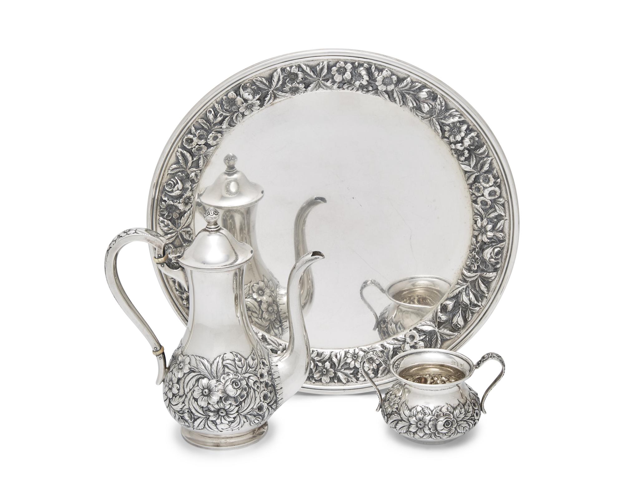 A Group of Three Sterling Silver Floral Repousse Tablewares