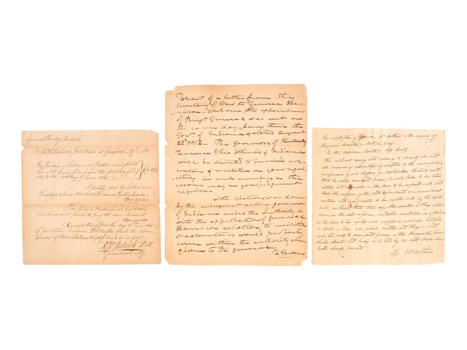 [WAR OF 1812]. A group of signatures from War of 1812 military officers, including a scarce Henry Burbeck signed document.