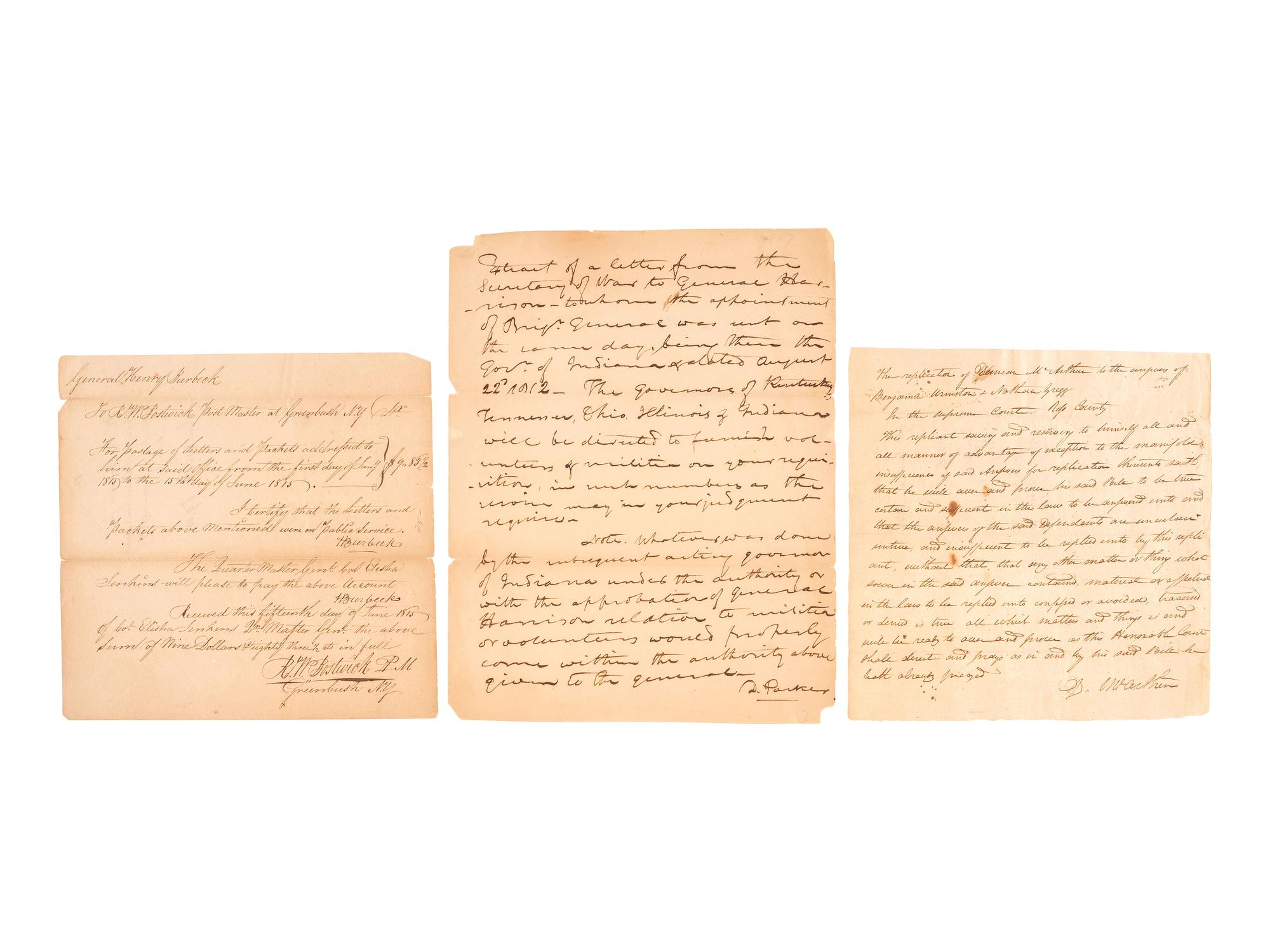 [WAR OF 1812]. A group of signatures from War of 1812 military officers, including a scarce Henry Burbeck signed document.