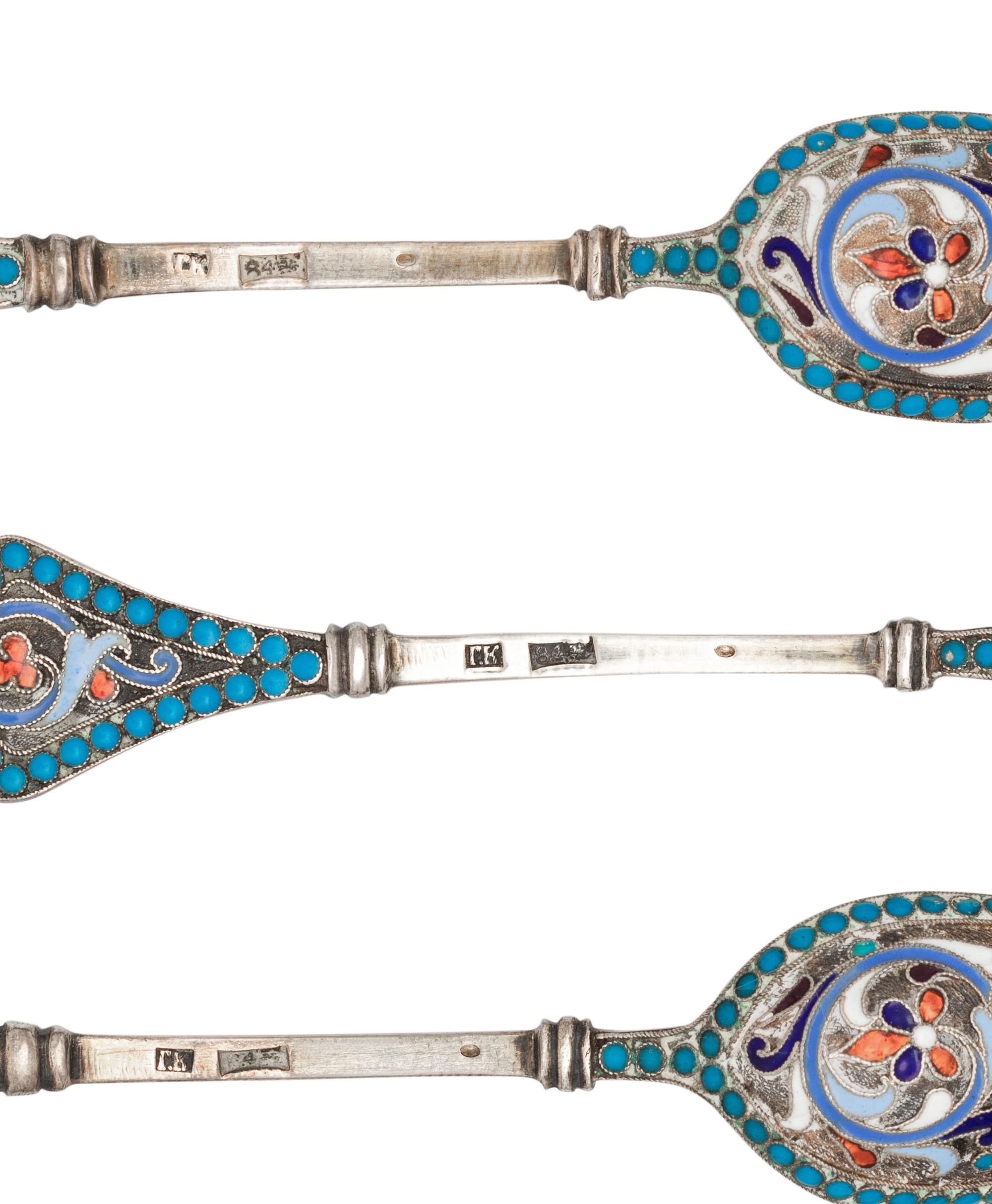 A Set of Six Russian Enameled Silver Coffee Spoons