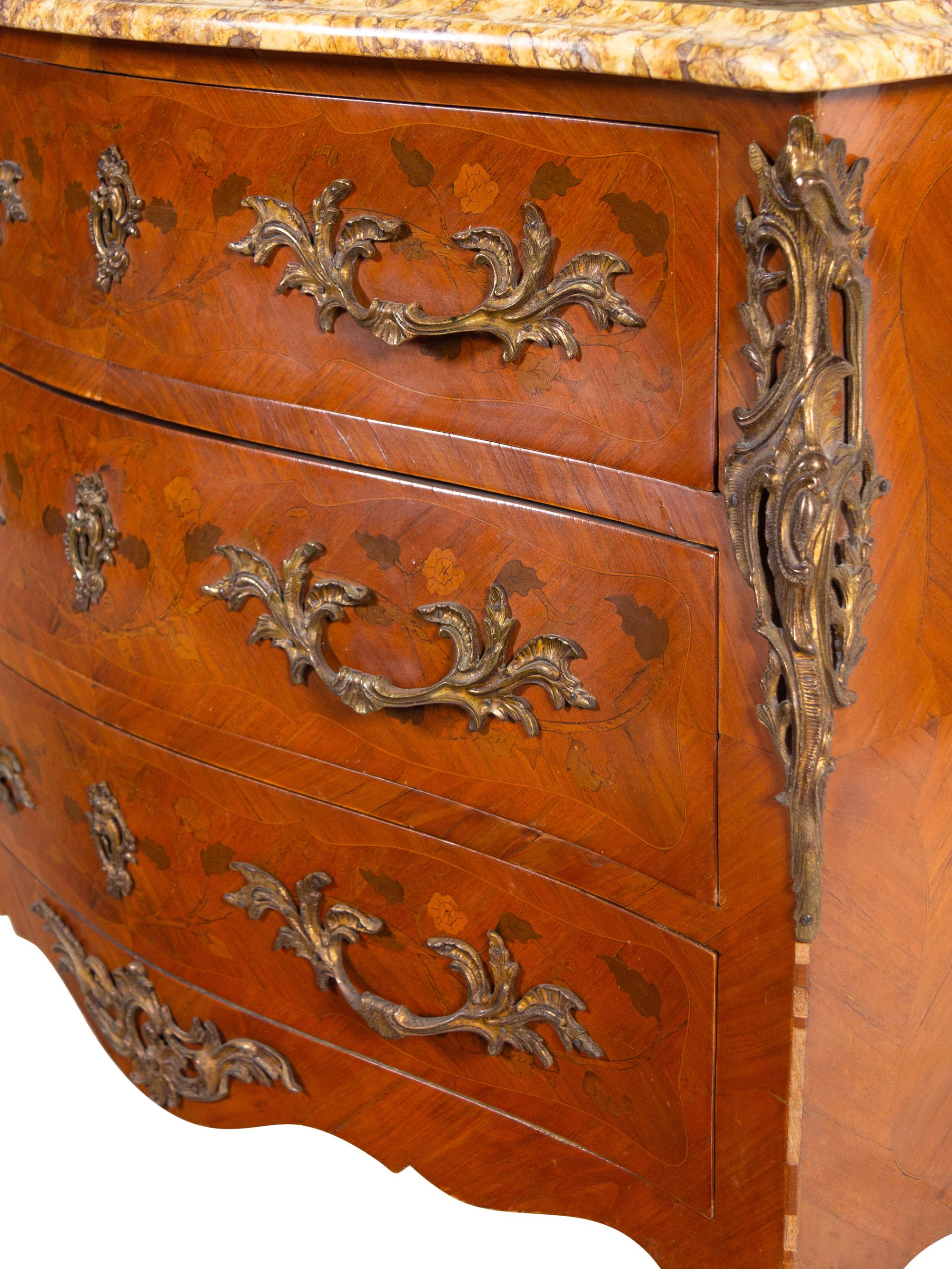 A Louis XV Style Gilt Bronze Mounted Marquetry Marble-Top Commode
