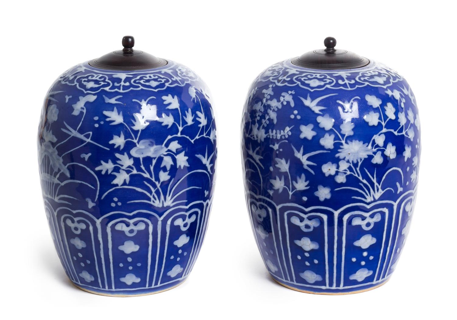 A Pair of Blue Glazed Slip Decorated Porcelain Ginger Jars — 19TH CENTURY