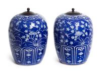 A Pair of Blue Glazed Slip Decorated Porcelain Ginger Jars — 19TH CENTURY