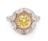 An 18 Karat Tricolor Gold, Fancy Vivid Yellow Diamond, Diamond and Colored Diamond Ring, 4.90 dwts.