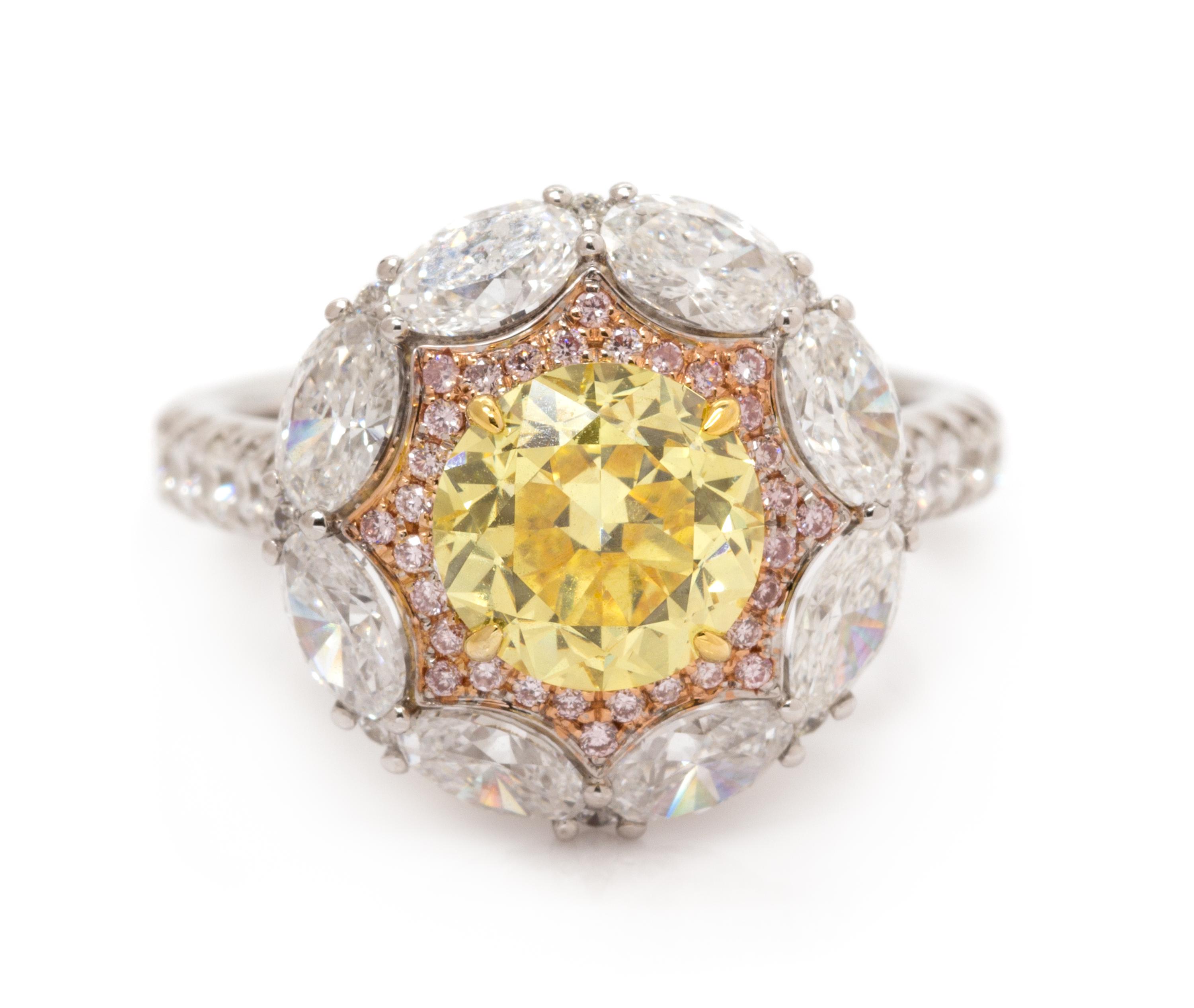 An 18 Karat Tricolor Gold, Fancy Vivid Yellow Diamond, Diamond and Colored Diamond Ring, 4.90 dwts.