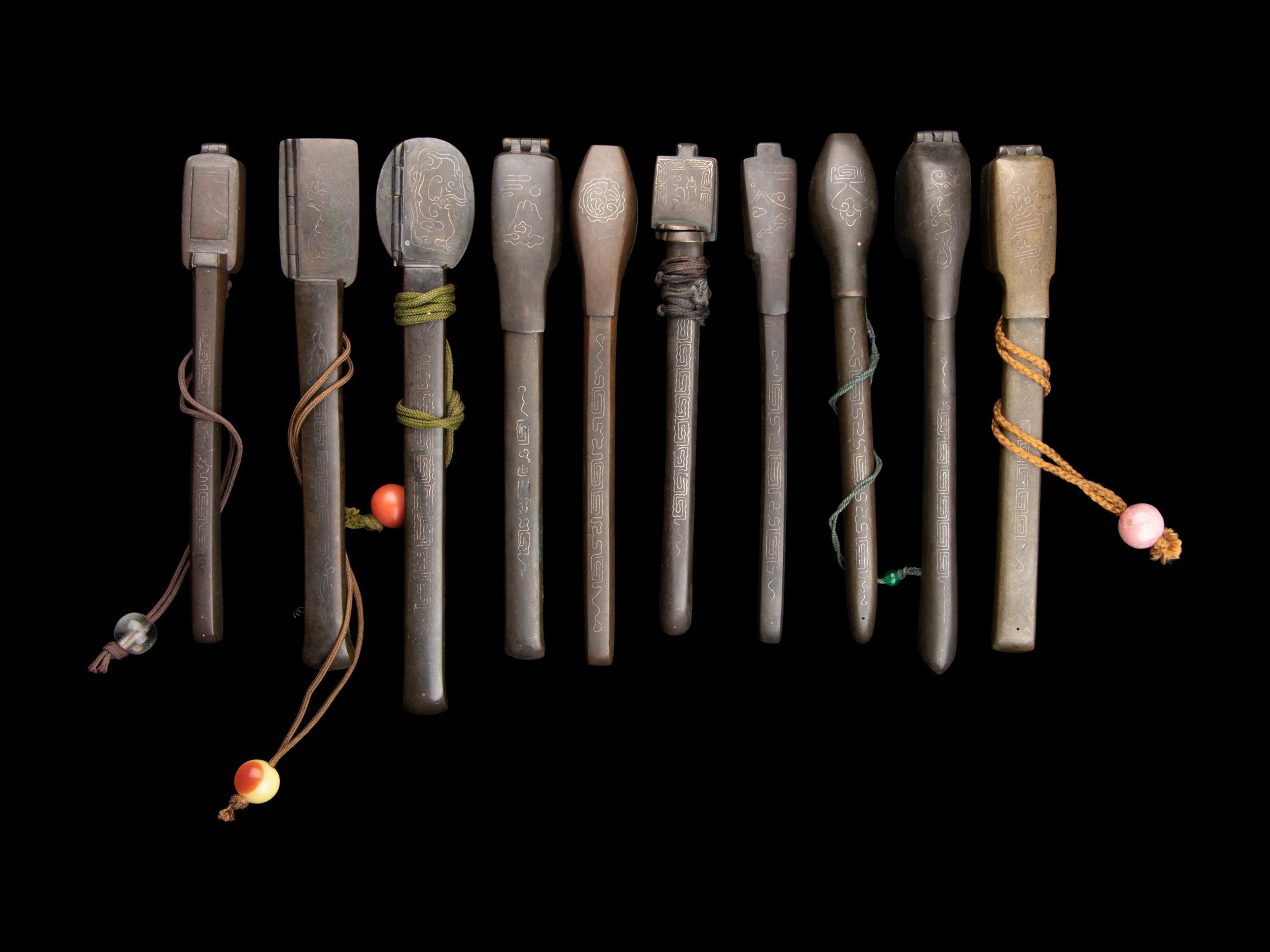 10 Japanese Silver Inlaid Bronze Portable Writing Sets, Yatate