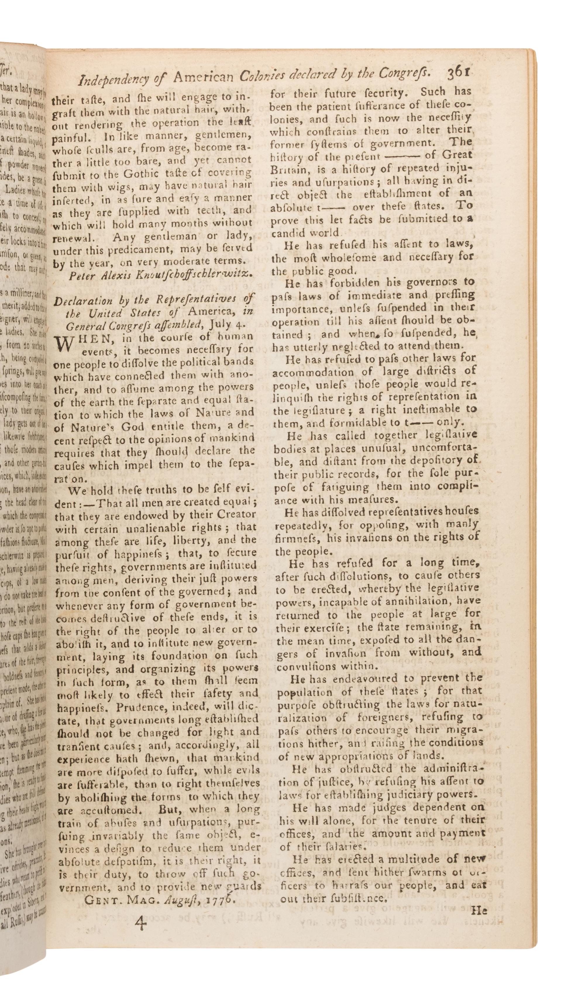 [Declaration of Independence]. The Gentleman's Magazine , and Historical Chronicle . London: Sylvanus Urban for D. Henry, August 1776.